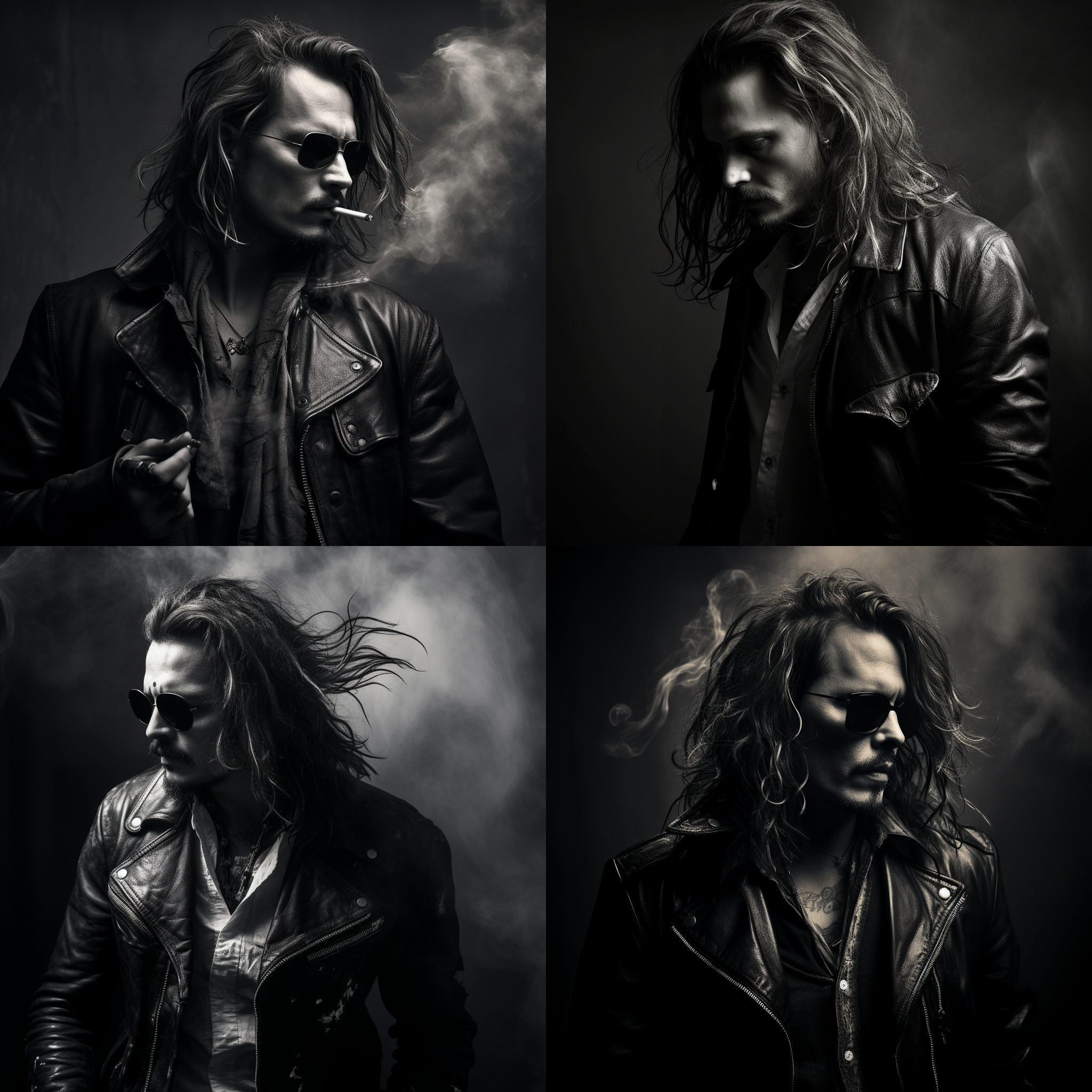 约翰尼德普，四风之一侧面，全身，最高画质，黑白照片，纹理细腻，高清晰度，深邃眼神，沉稳表情，长发披肩，黑色皮夹克，烟雾弥漫，霓虹灯映衬，摄影师视角，悬疑感，神秘氛围，复古风格。