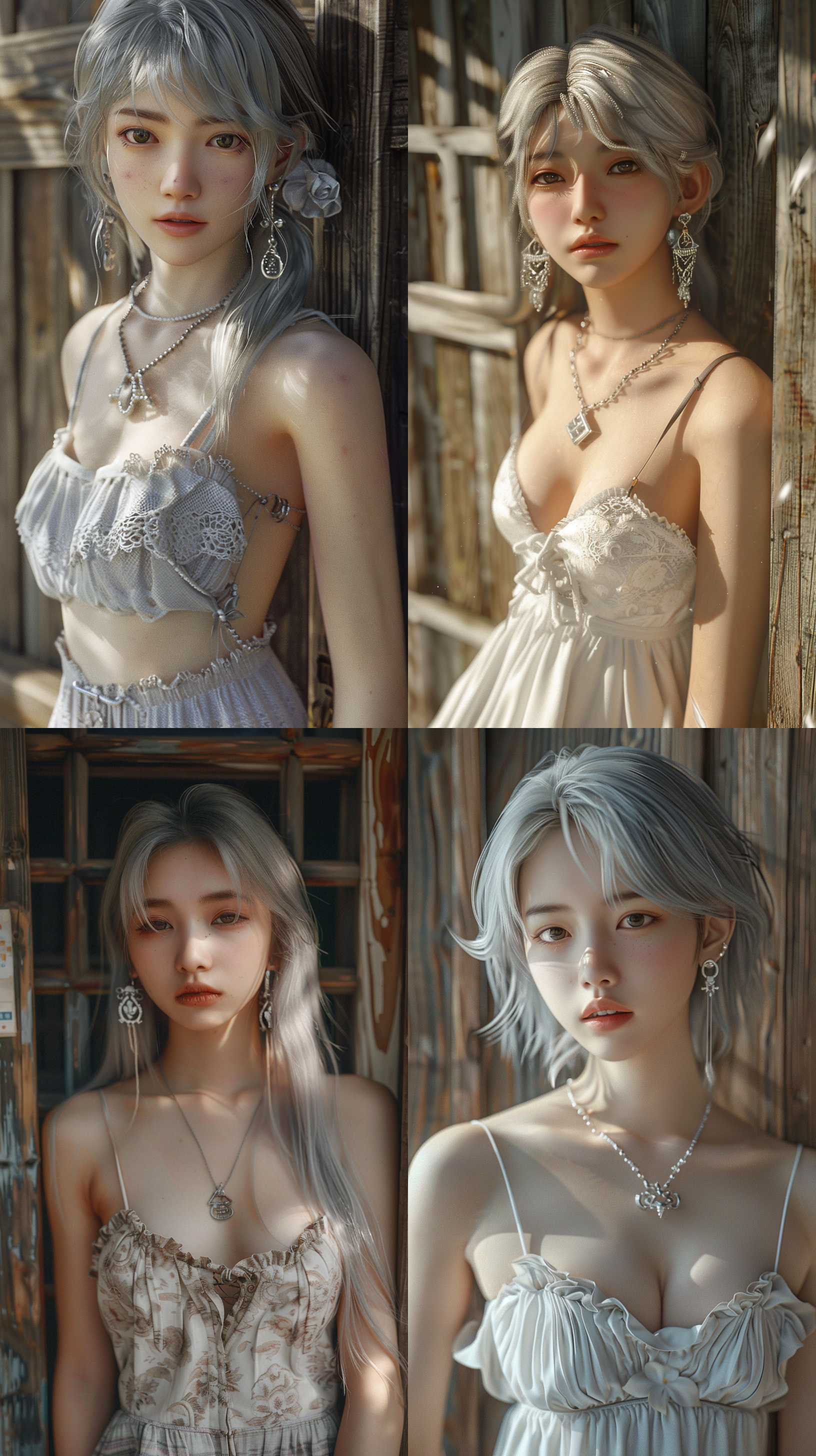 银发亚洲女孩，浅色连衣裙，银耳环，银项链，真实照片，清晰细节，木质背景，完整标签，阳光明媚，时尚服装-彩虹6-外观1:2-放松-风格化710，穿着舒适。