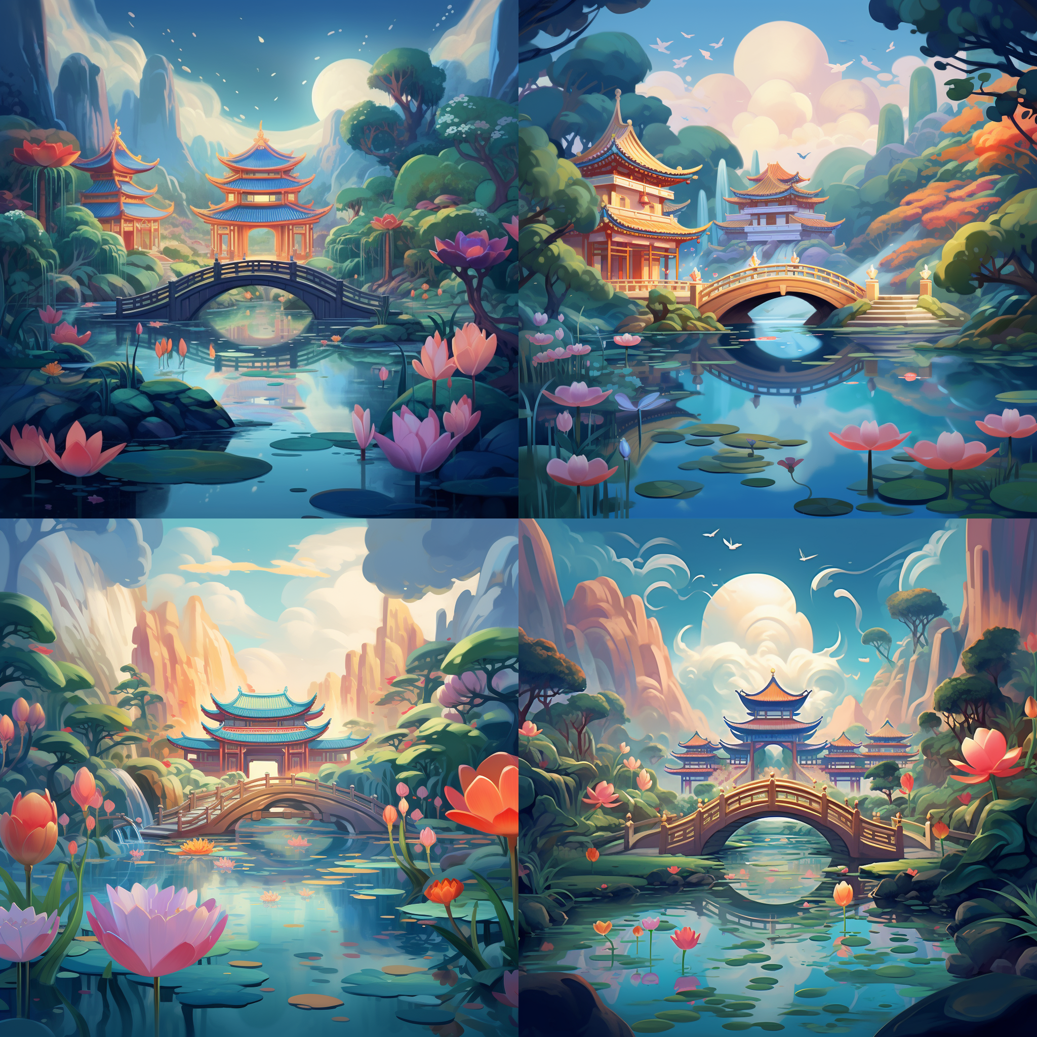 梦幻风格，中国风壁纸，灵感自tim hildebrandt，由thomas kinkade启发，小池塘景观，jeremiah ketner作品，rossdraws漫画色彩，oculus quest 2，artstation热门，dribbble趋势，银狐艺术，荷花，壁画，绘画，充满活力。