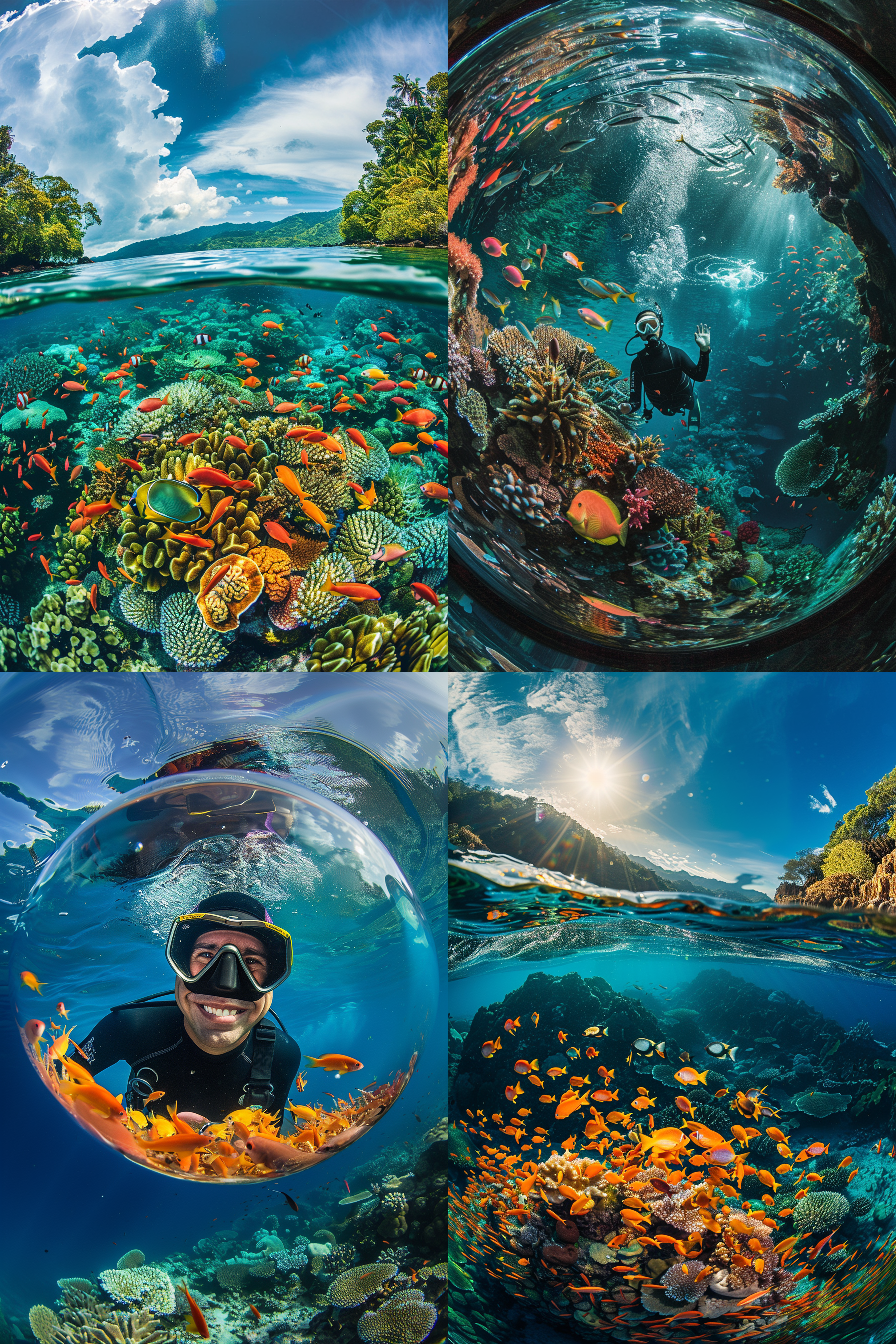 海底世界，多彩珊瑚礁，缤纷鱼群，透明海水，潜水员穿着潜水服，微笑，蓝色调，鱼眼镜头，自然光，悬浮，和谐。