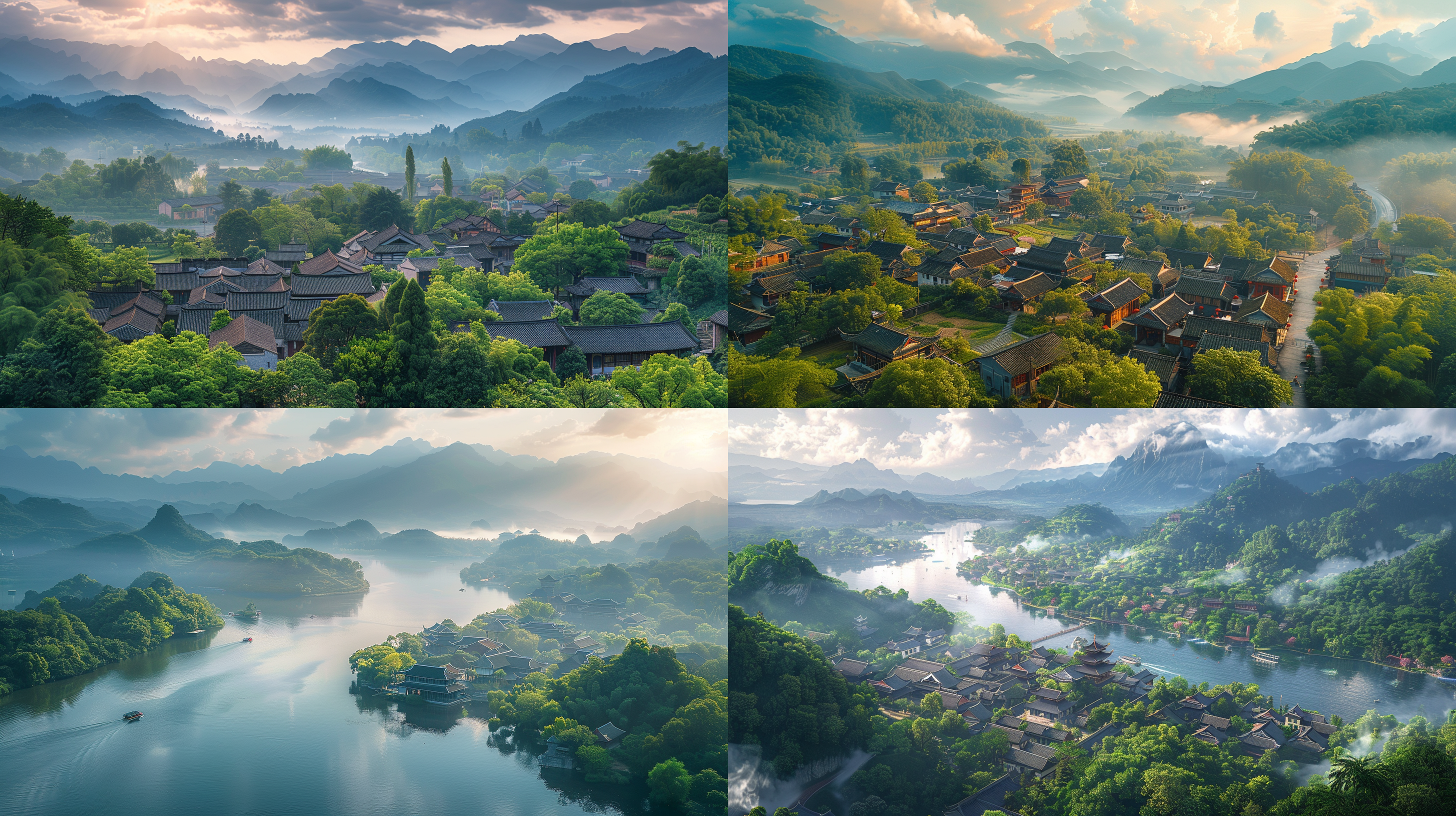 中国乡村，山水交融，云层飘过，夏日阳光，鸟瞰视角，明亮色调，写实风格，广角镜头，自然光，和谐构图，传统建筑，绿树成荫，宁静祥和。