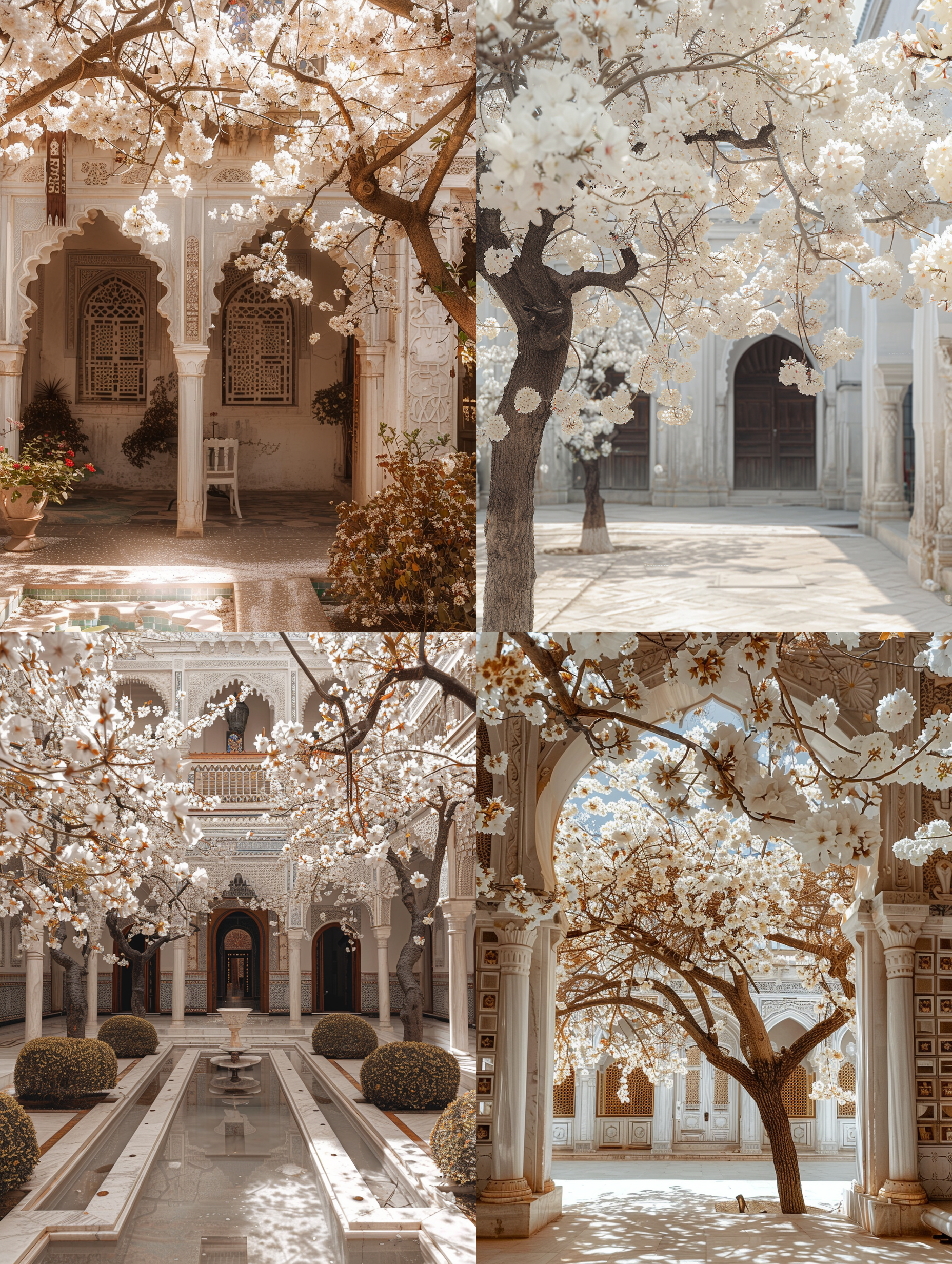 春天，院子里流苏树，开满球状白色流苏花，梦幻，中景。自然风光，白平衡，柔和光线，细节丰富，清晰焦点，鲜艳色彩，静态，优雅。