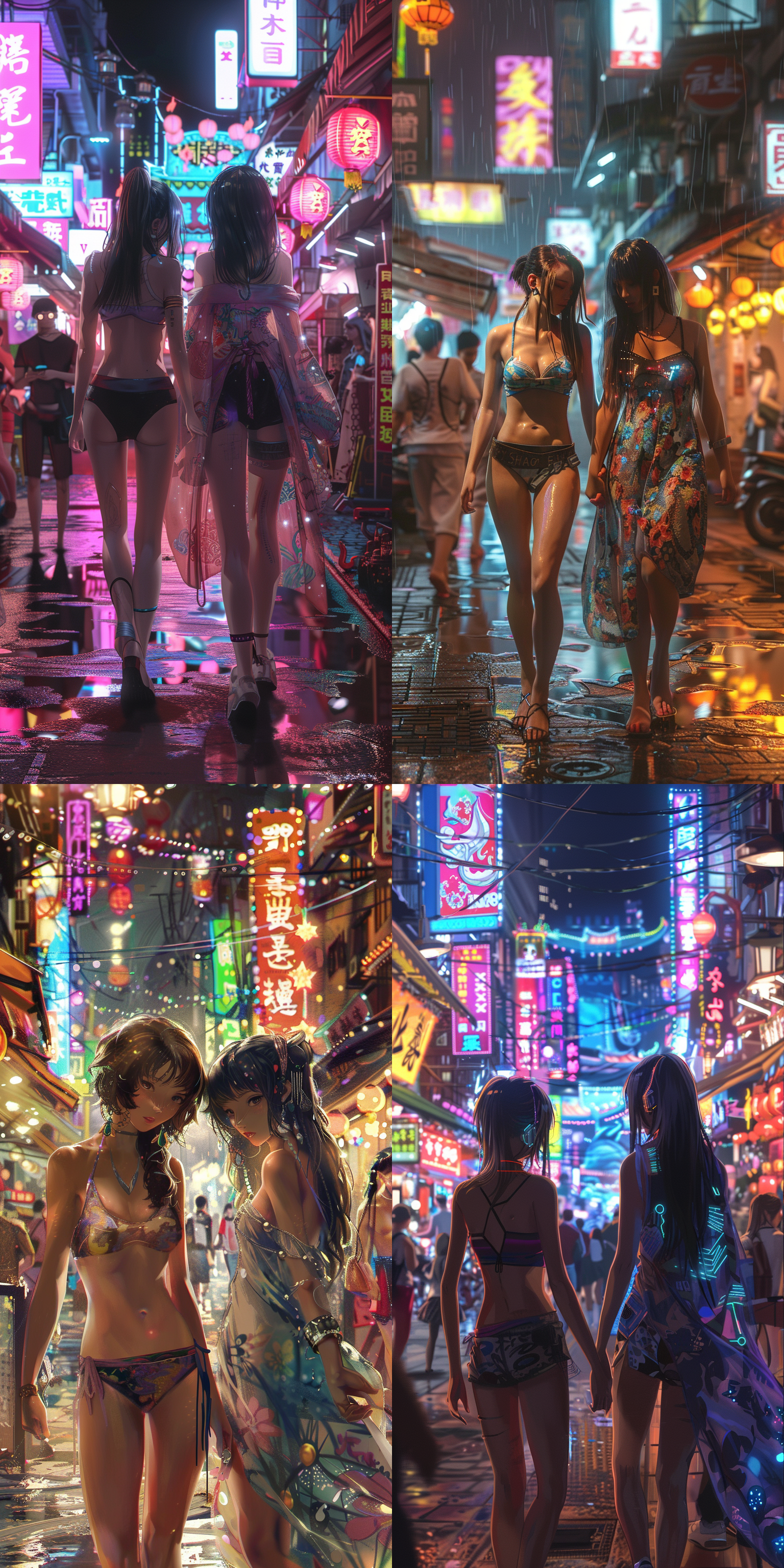 在一个繁华的城市，马路上灯红明明，有两个女生，左边那一个穿的吊带超短裤，右边那一个穿着敞篷 洛伊什 中式赛博 卡通