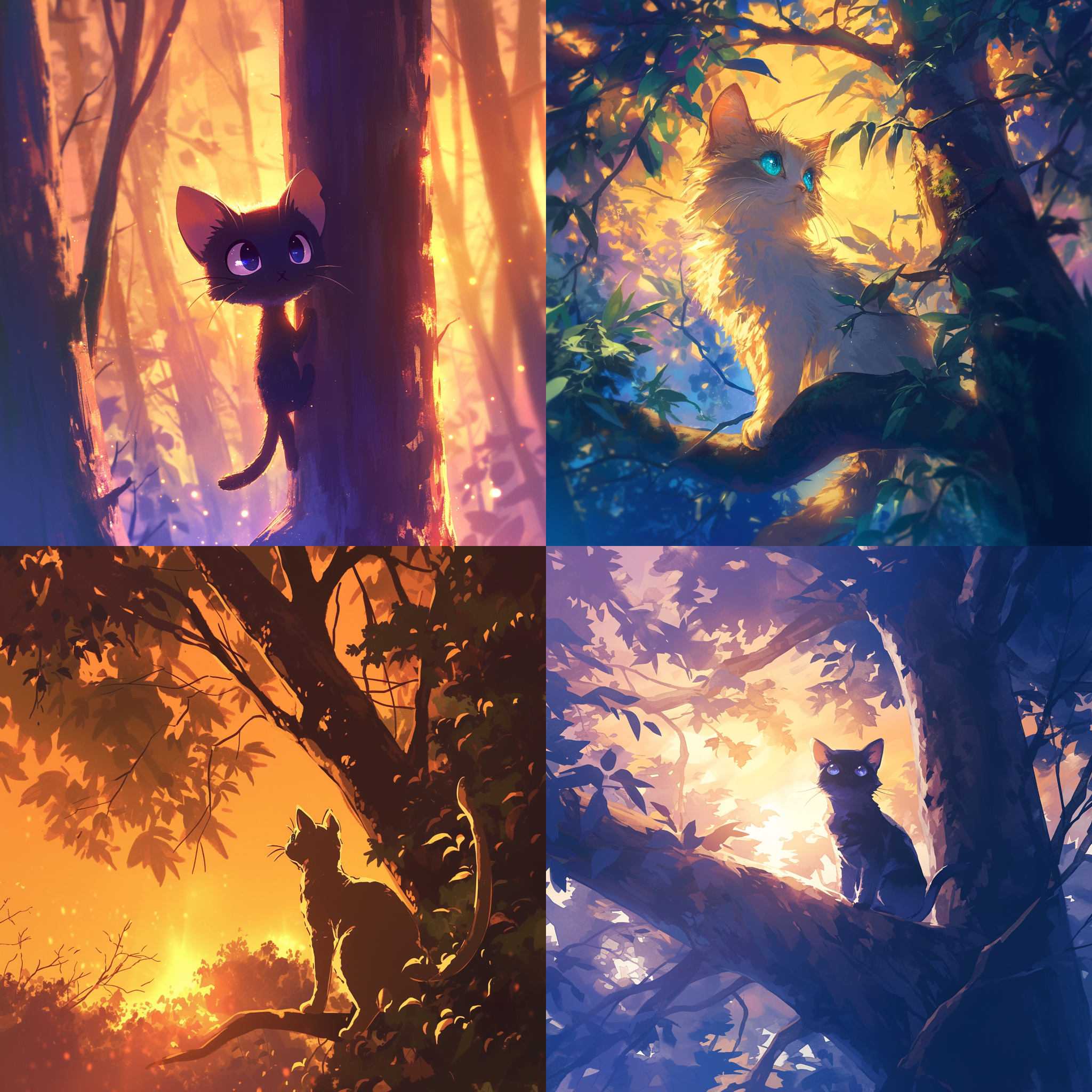 一只猫在树上，目光炯炯，背景为夕阳余晖映照的森林，轻柔色调，长焦镜头，逆光拍摄，优美姿态，神秘感。