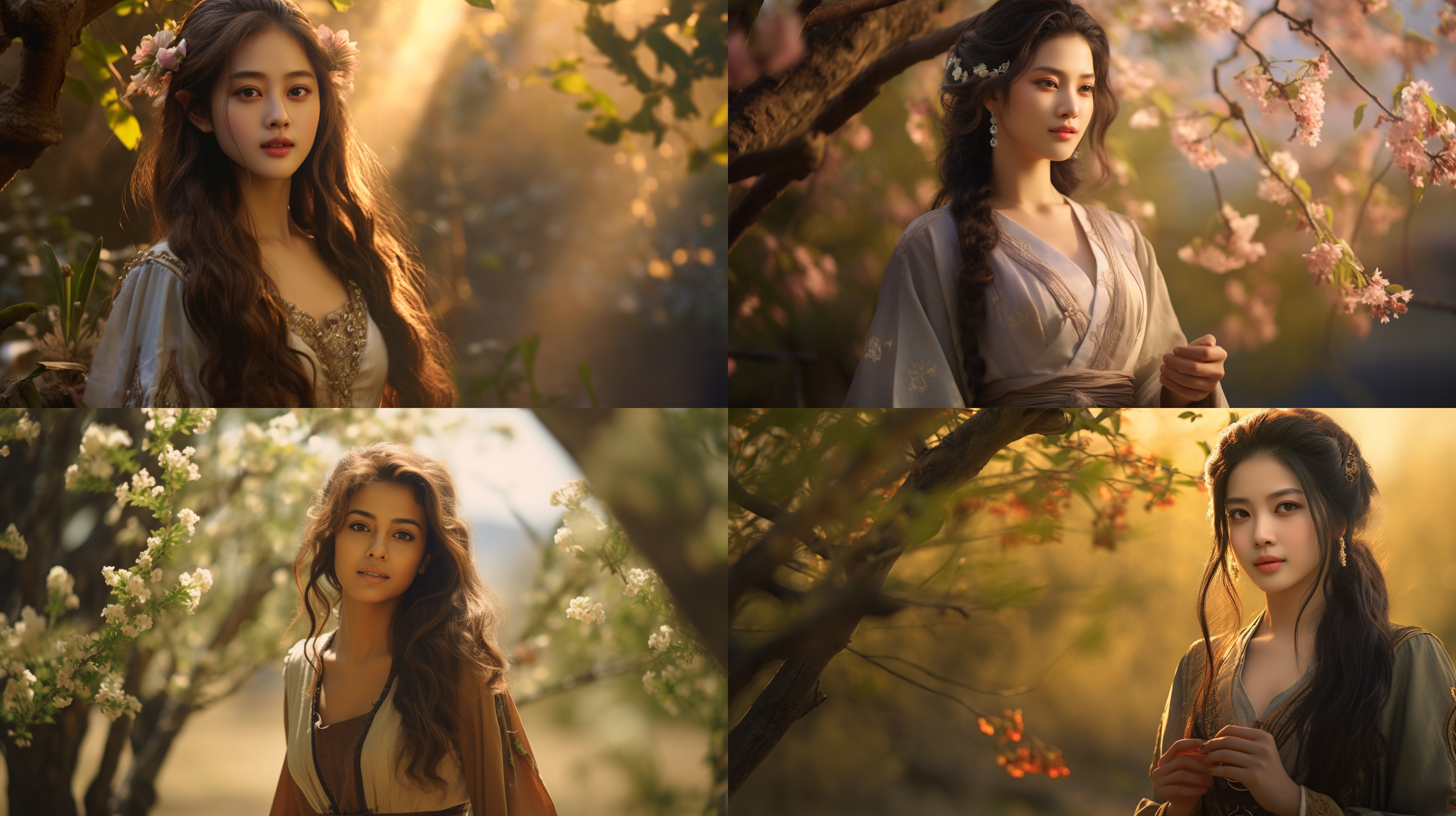 古装东方美女微笑，看着镜头，田间采花，日光柔和，长焦特写，大树