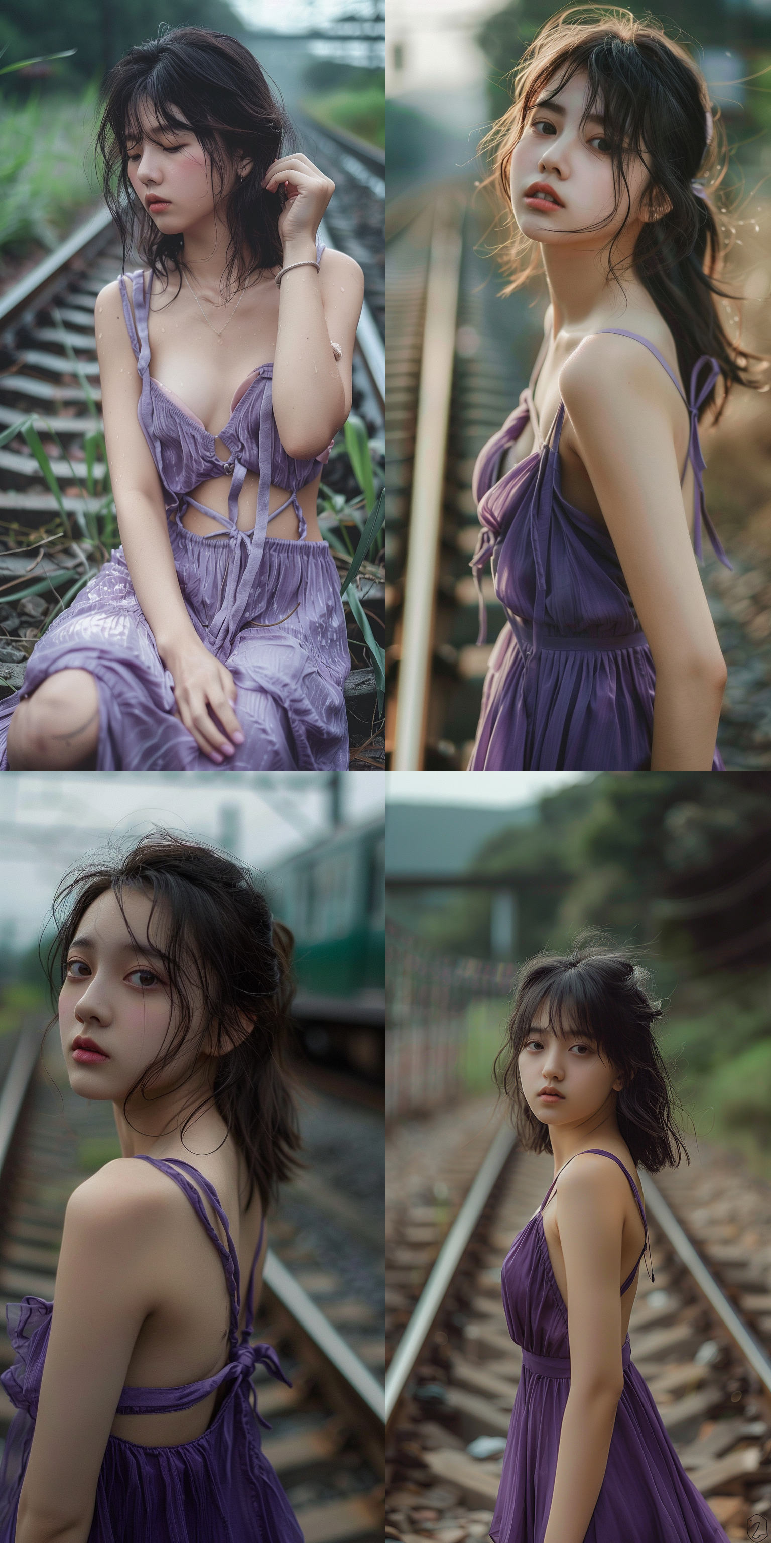 8k超清晰画质，手机壁纸，清冷，情绪风格，一位中国26岁气质女生，穿紫色吊带纺纱裙，留白构图，废弃绿皮火车背景，铁轨，画质干净，富士高端镜头，胶片感觉 摄影纪实 全身 侧身 主观视角 远景透视 虚化 dslr拍摄 电影灯光 斑驳光线 黄昏 午夜 冷光 经典风 独立风 优雅风 耳后发