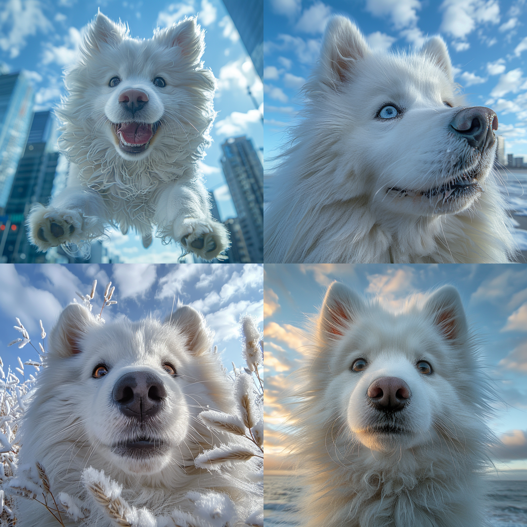 dogman，随机地点，可爱卖萌，随机西装，纯白萨摩耶，眼神清澈，高角度视角，蓝色调，天空，广角镜头，侧光，写实主义