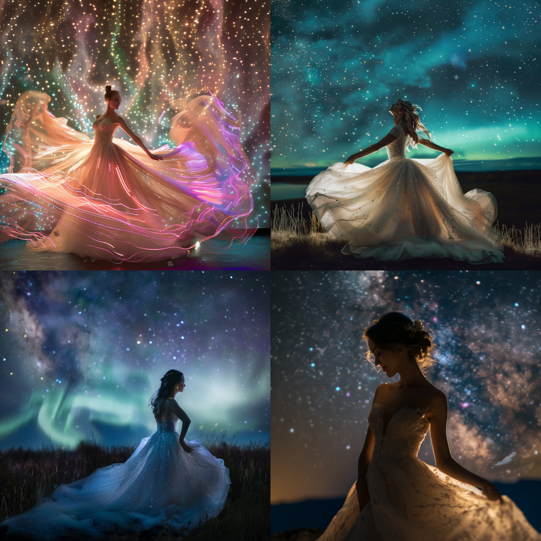 极光舞动，星空背景，梦幻色彩，婚纱礼服，微笑，逆光，长焦镜头，柔和光线，漂浮感，幸福，神秘。