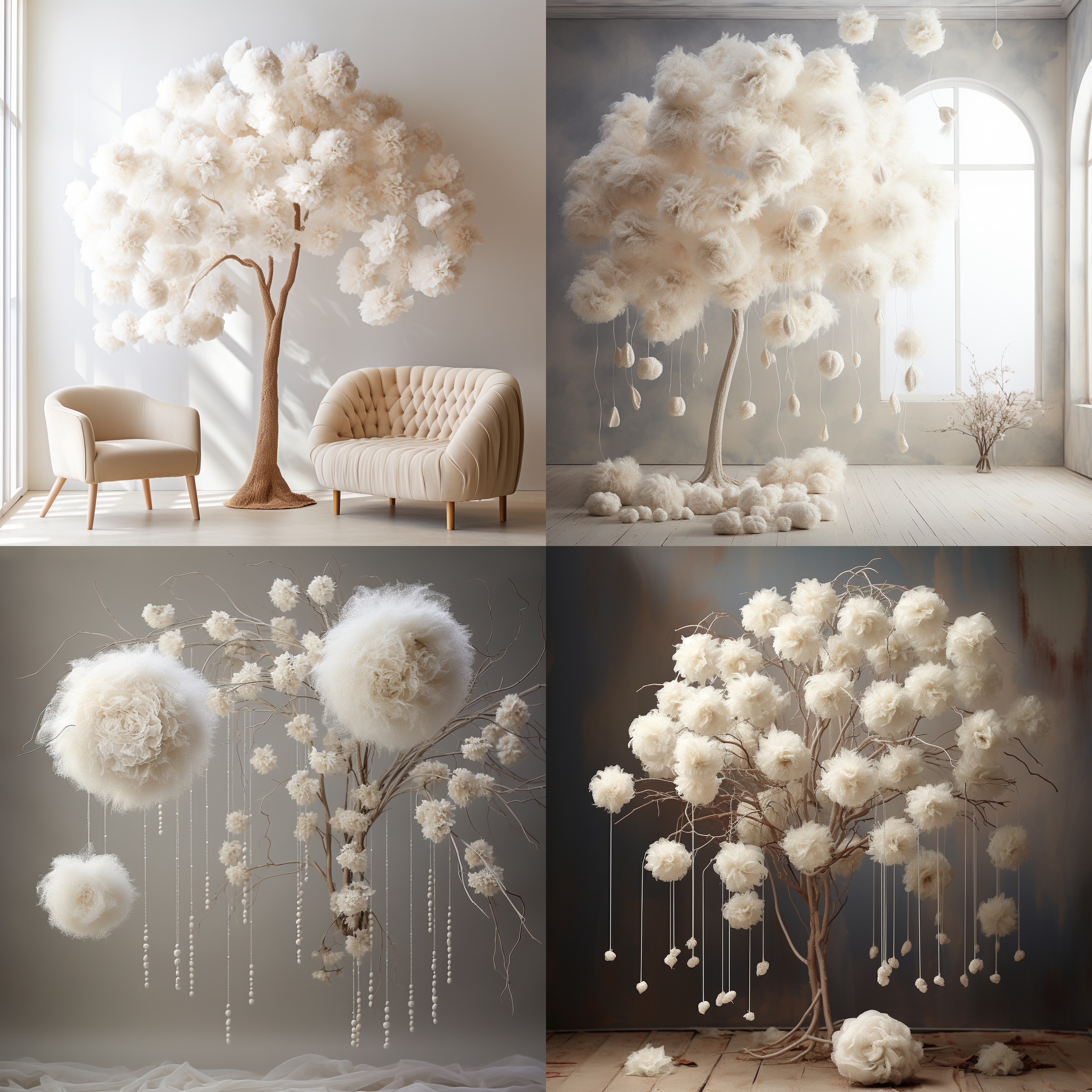 流苏树盛放白色球状花朵，花絮飘洒，诗意画面，广角镜头，自然光，柔和色调，静谧氛围。