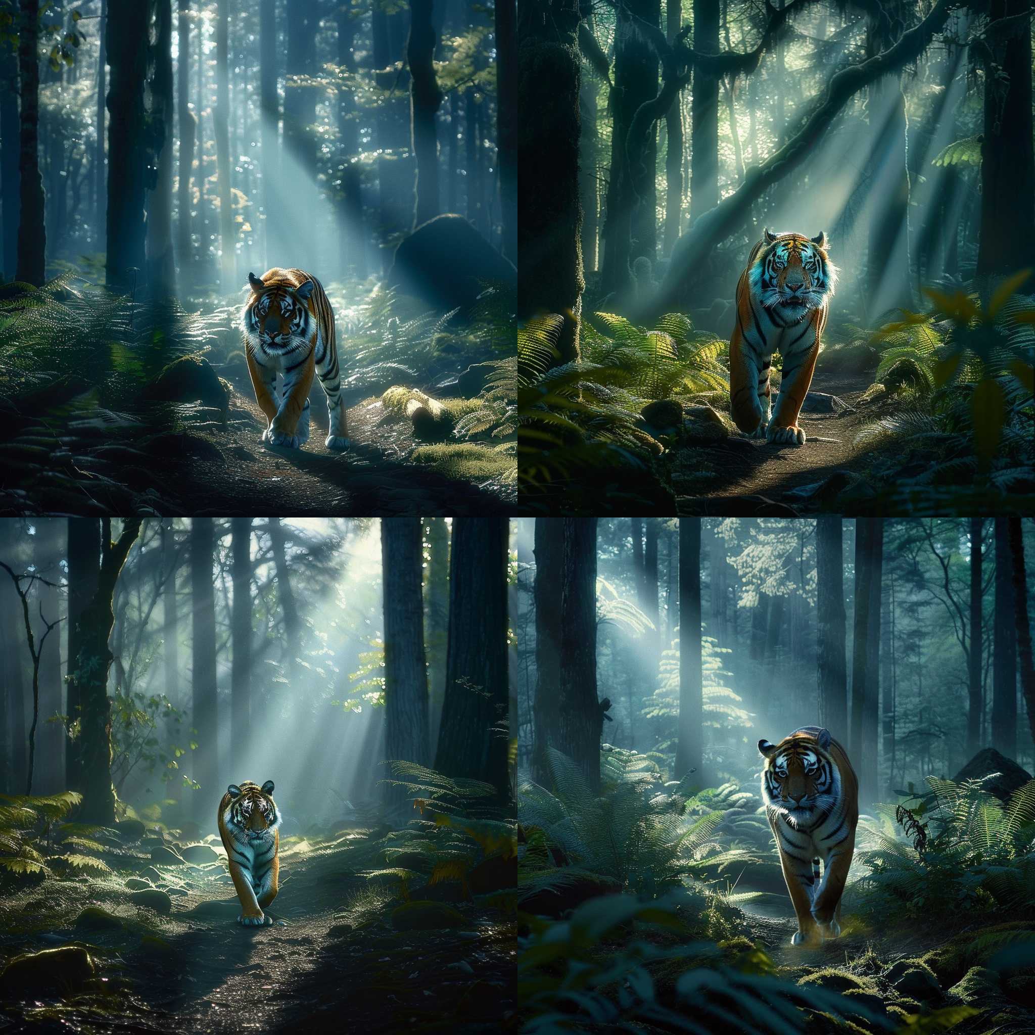 老虎穿越树林，孤独，光线投射，自然环境，中焦距镜头，侧光，蓝色调，悲伤，行走。