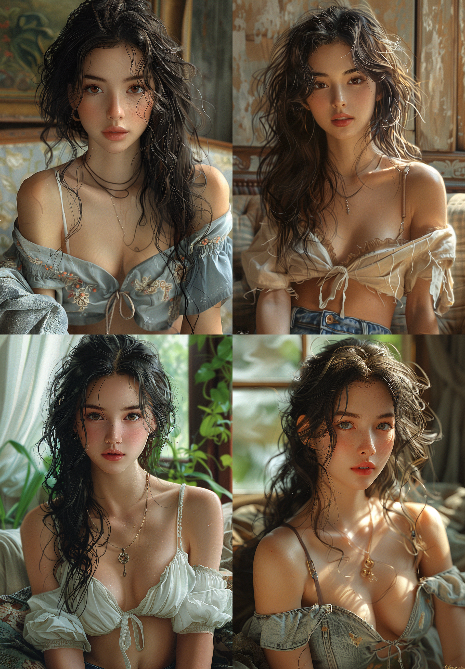 a beautiful chinese woman like liu yifei, withlong black curly hair in short clothes and short jeans, sitting on a couch, in the style of cartoon realism, i can't believe how beautiful this is, cute and dreamy, disney animation, realistic hyper-detail, warmcore