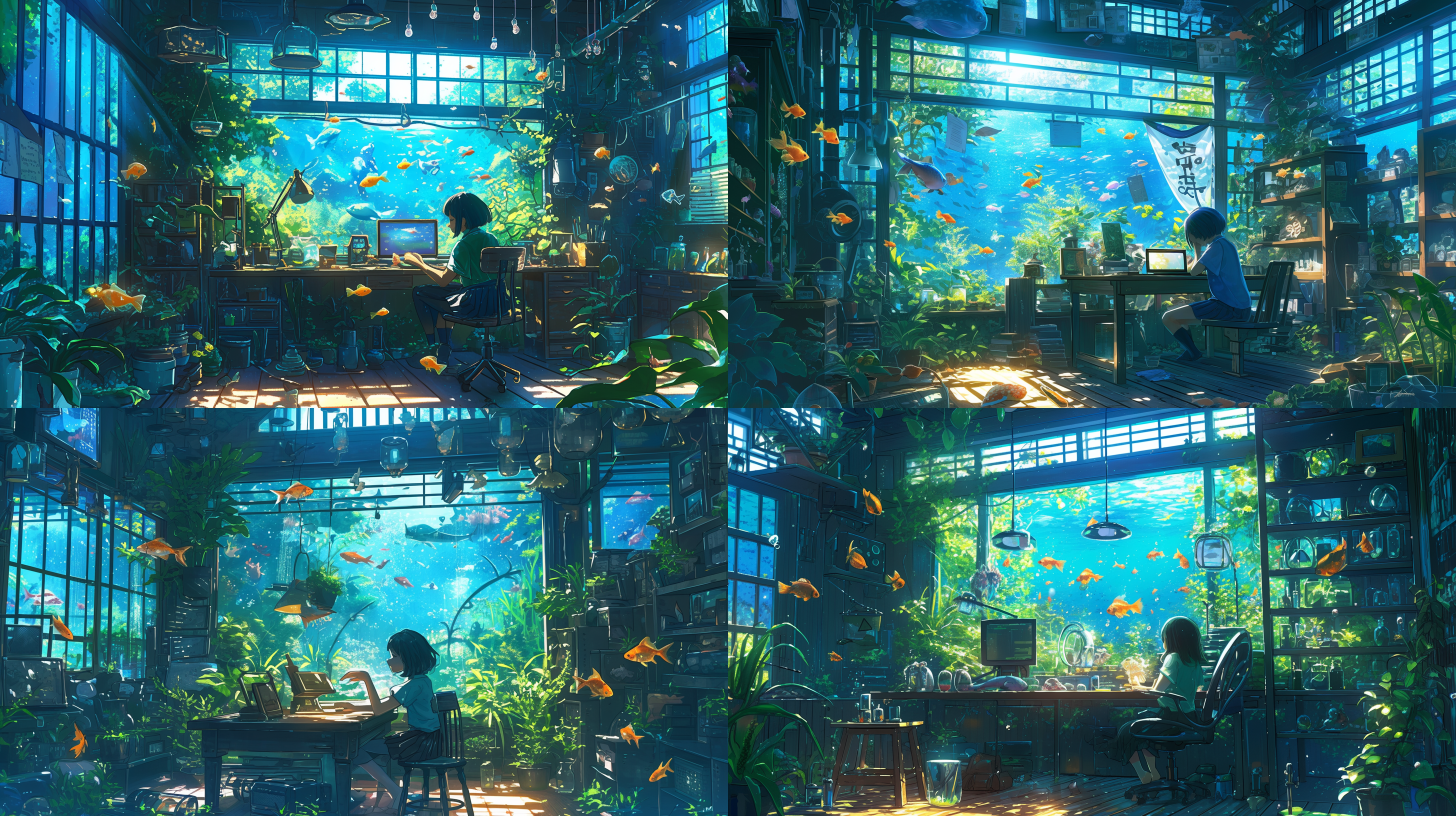 女孩在水下，与金鱼对视，柔和光线，梦幻般色彩，裙子飘动，微笑，清澈水面，鱼群环绕，魅力。