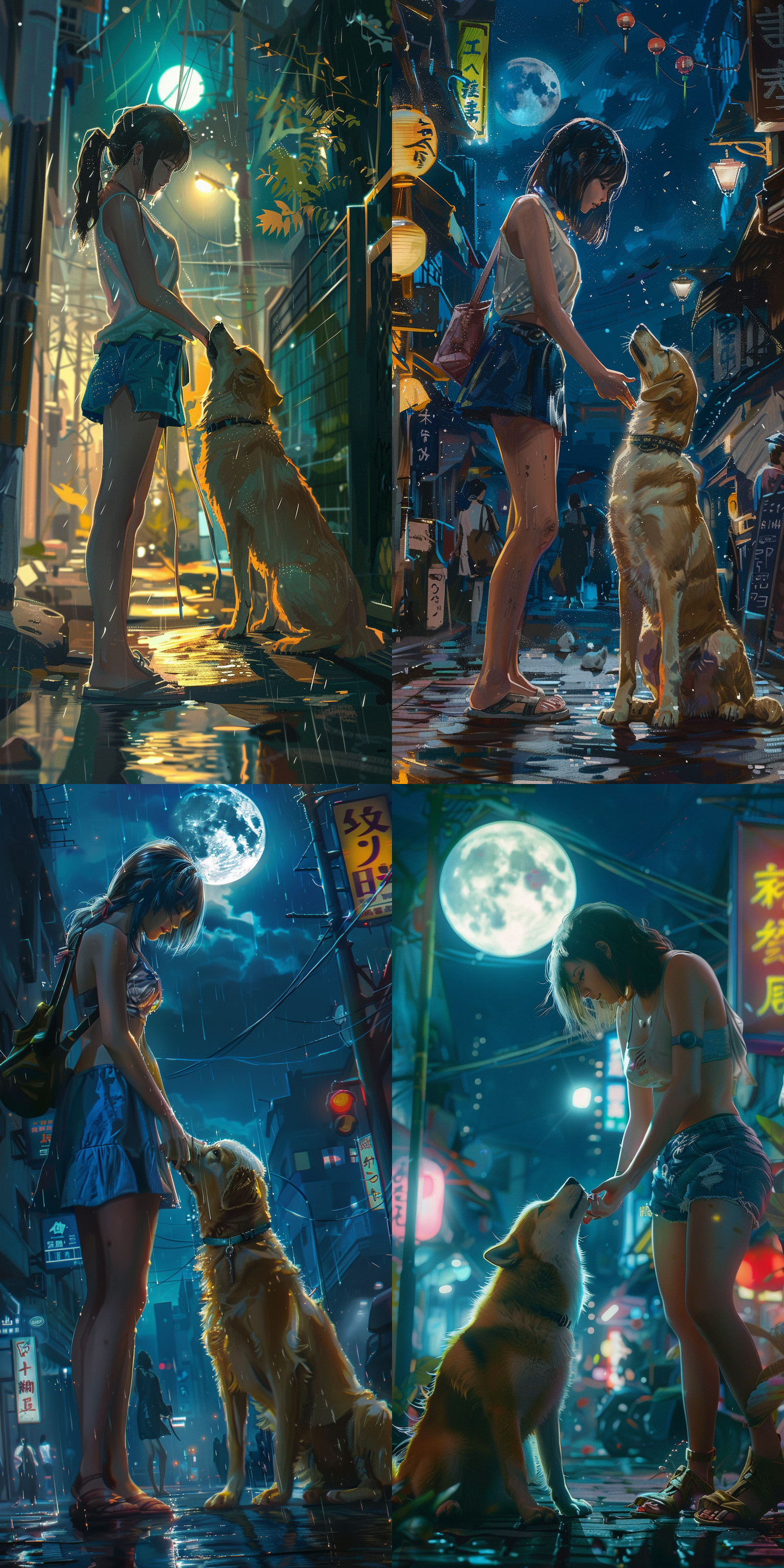 少女摸黄狗，月光照射，赛博朋克风格，极高分辨率，夜晚，蓝色短裙，洁白月光，柔和灯光，细致表情，细节丰富，暖色调，温馨情感。