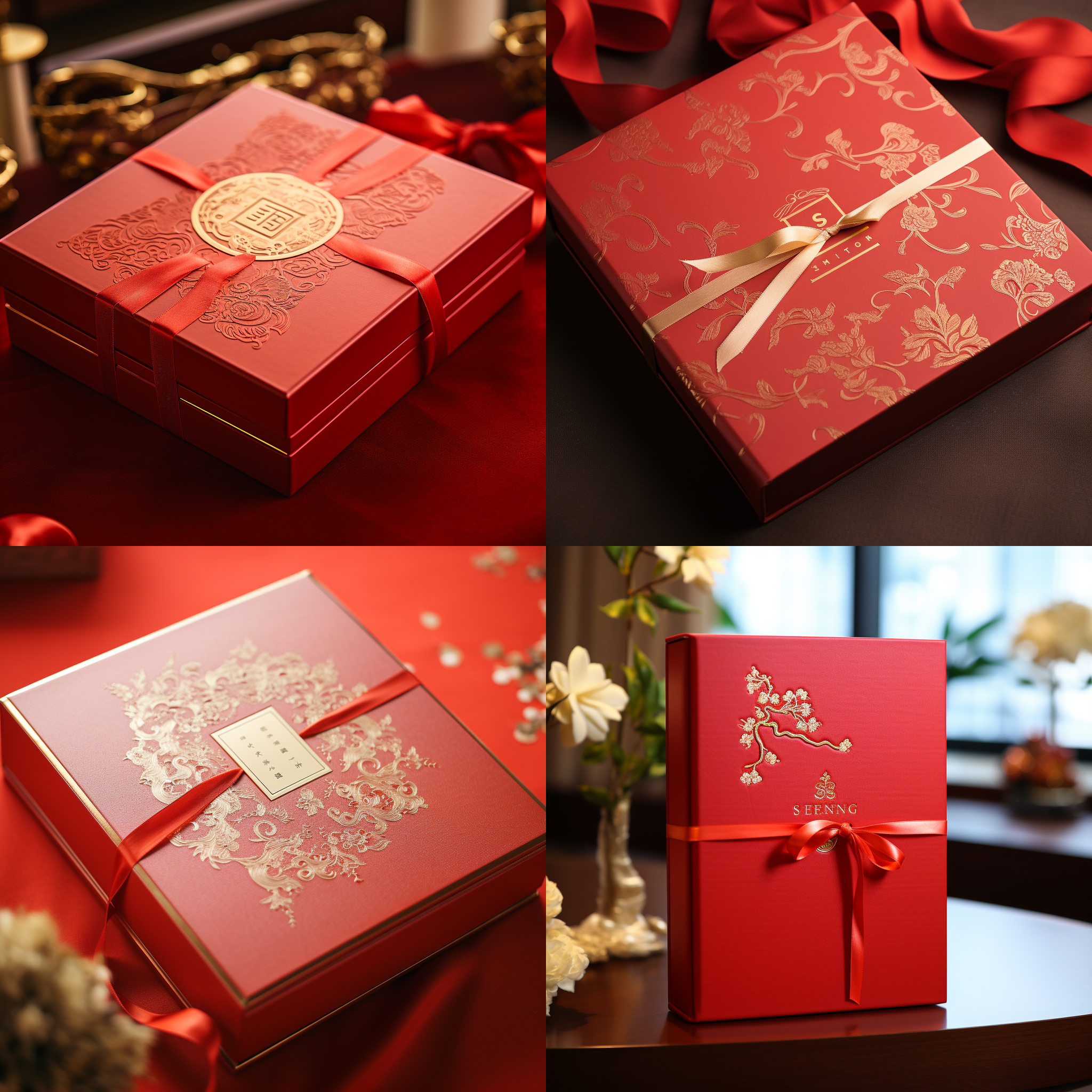 高角度视角，明亮环境，细节特写，金属质感，暖色调，静态，优雅，包装设计，产品展示，精致礼盒包装，红色，烫金工艺，书型盒，“生福”logo烫金