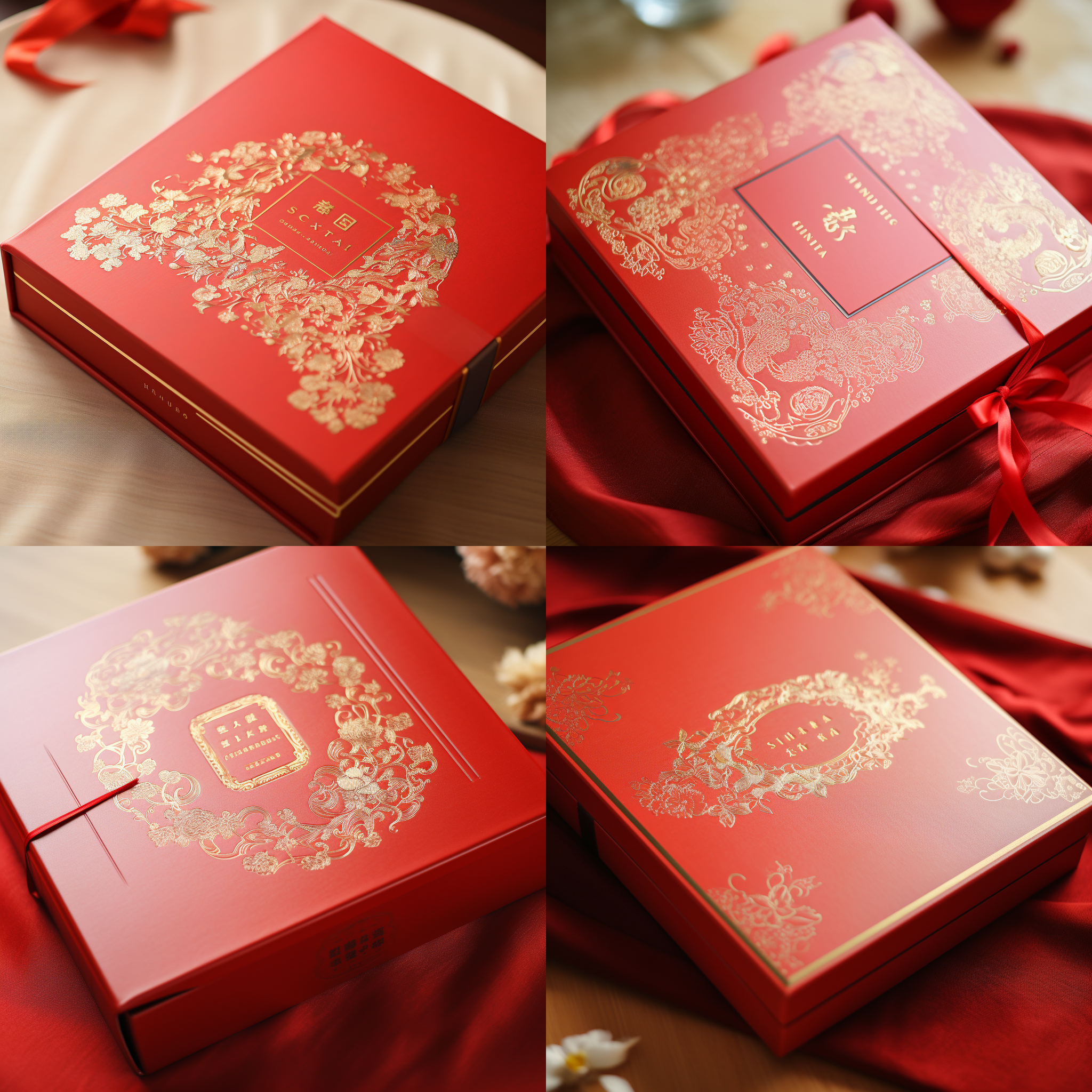高角度视角，明亮环境，细节特写，金属质感，暖色调，静态，优雅，包装设计，产品展示，精致礼盒包装，红色，烫金工艺，书型盒，“生福”logo烫金