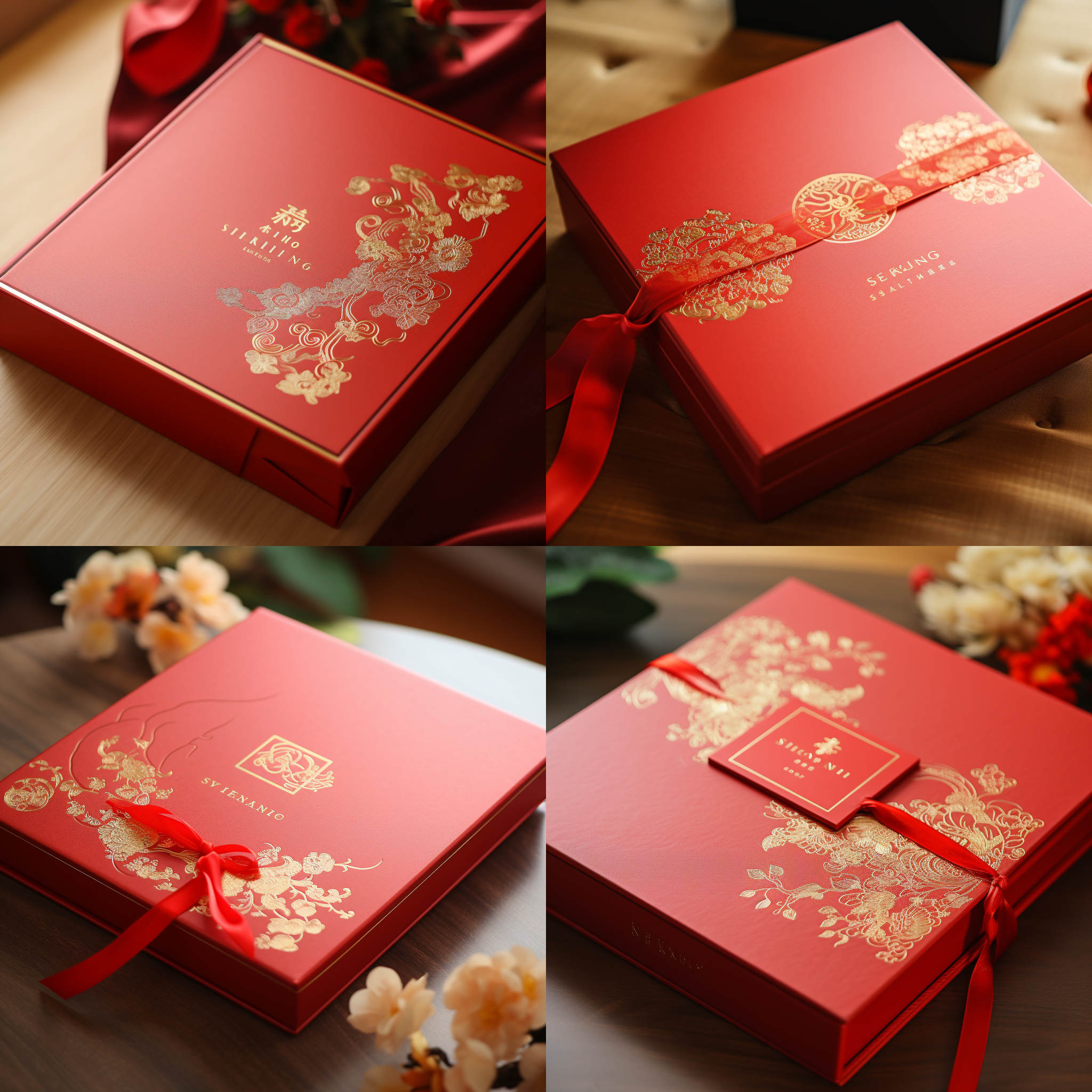 高角度视角，明亮环境，细节特写，金属质感，暖色调，静态，优雅，包装设计，产品展示，精致礼盒包装，红色，烫金工艺，书型盒，“生福”logo烫金