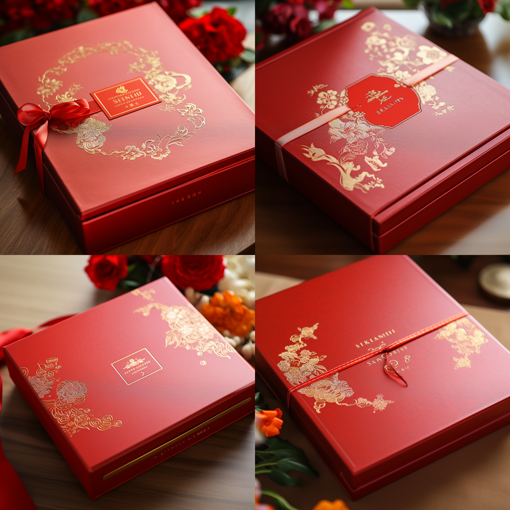 高角度视角，明亮环境，细节特写，金属质感，暖色调，静态，优雅，包装设计，产品展示，精致礼盒包装，红色，烫金工艺，书型盒，“生福”logo烫金