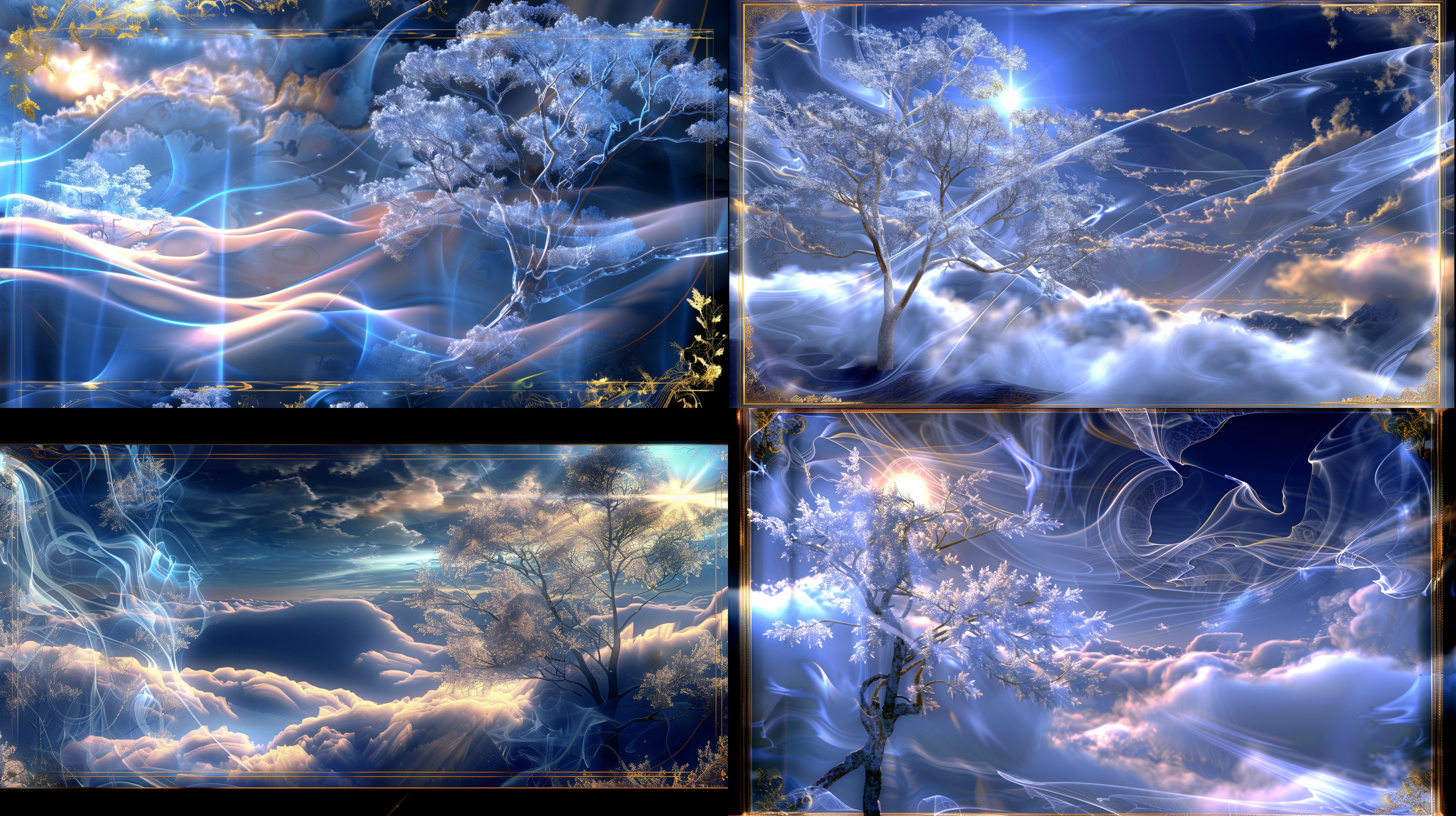 淡色系，透明渐变背景，祥云x射线效果，浅粉色和兰色分层，柔和的薄雾笼罩着云朵，一棵树，营造出梦幻般的气氛，金丝边，珐琅彩。