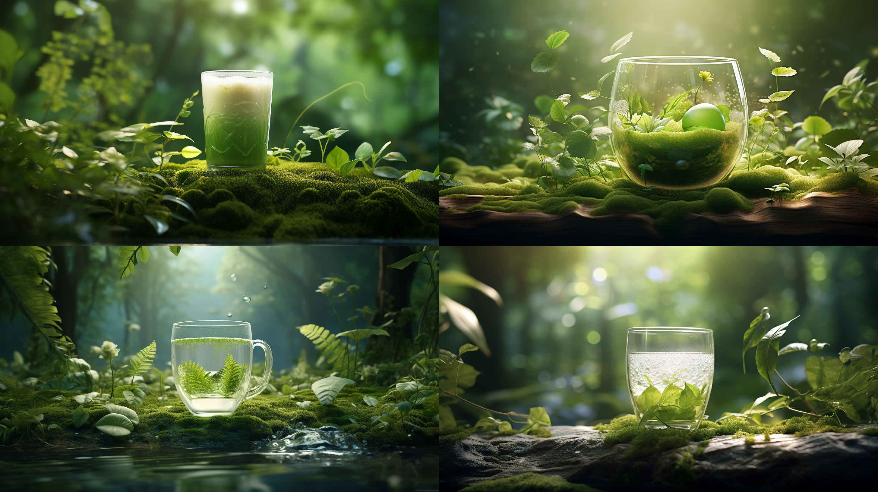 (masterpiece, high quality, superior quality, official art, beauty and aesthetics): 1.2), a cup surrounded by green plants, milky transparent water, product poster, moss micro-landscape, green, simple, clean light color background, ray tracing, foreground occlusion, natural light, jungle, c4d, oc rendering, product photography