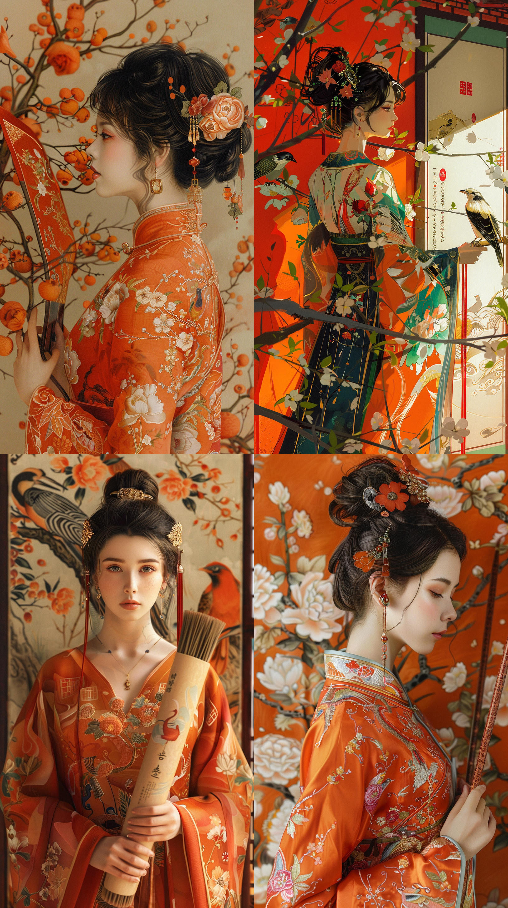 chinese women holding brush scrolls in traditional rooms, styled with surreal and dreamlike landscapes, taylor wesson, orange, bird themes, vivid pictures, detailed designs, murals, 8k