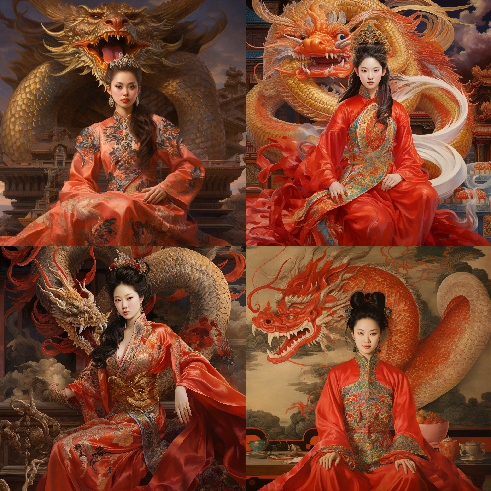 在一幅唐朝风格的画作中，一位美丽的女子身穿红色的龙袍，头戴皇冠，周围有一条巨龙盘旋。画面采用横幅式构图，背景是宏伟的宫殿，细腻的绘画风格，明亮的色彩和细节。镜头使用长焦镜头来突出女子的威严和尊贵，灯光柔和而温暖，表达着庄重和神秘的氛围。威严，尊贵，华丽，神秘，唐朝风格，红色龙袍，皇冠，巨龙盘旋，宫殿背景，长焦镜头，明亮色彩。