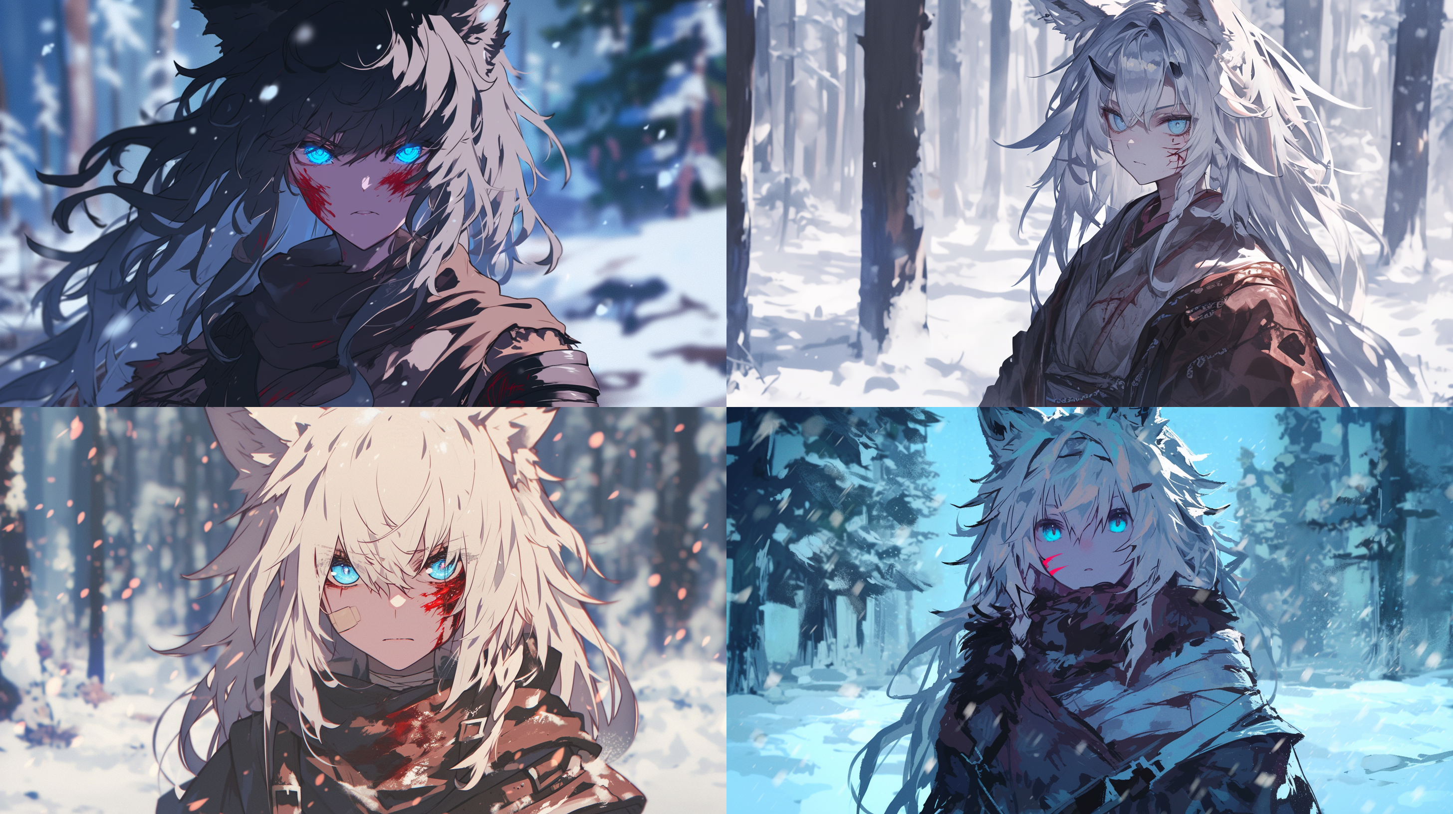 白发狼耳朵的少女，蓝色瞳孔，眼神凶狠，脸上深红色伤疤，身穿褐色破损衣袍，叫上裹着绷带，雪林背景，暗色调，色彩对比