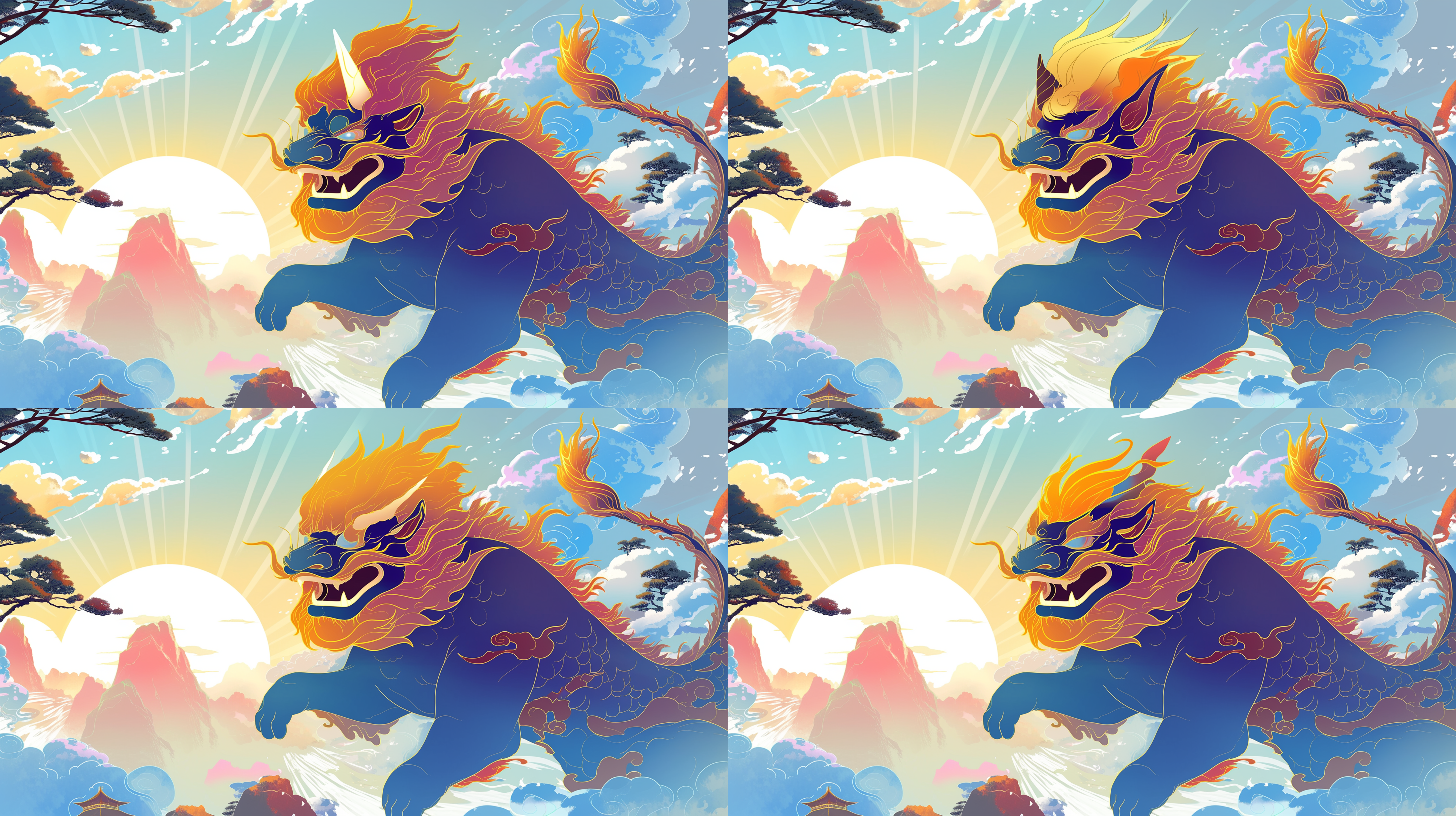 獬豸，云，插画，暖色调，中国风