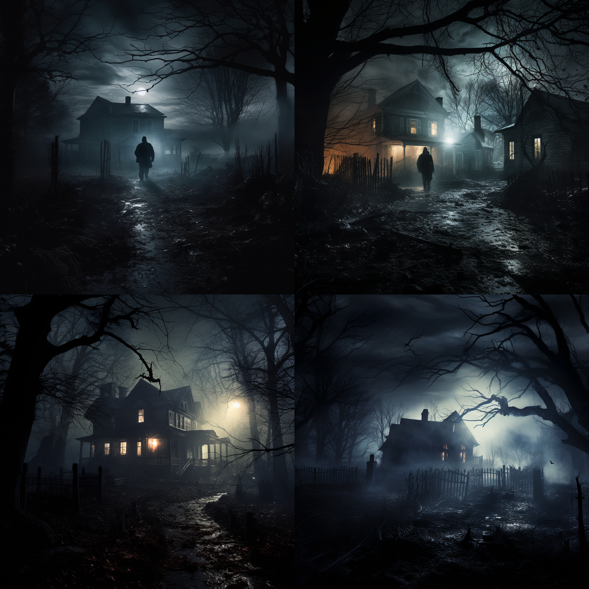 深夜鬼屋，微弱灯光，诡异氛围，风声哭泣，幽灵惊吓，恐怖主题，暗黑色调，阴影，恐惧情绪，模糊轮廓，角落。