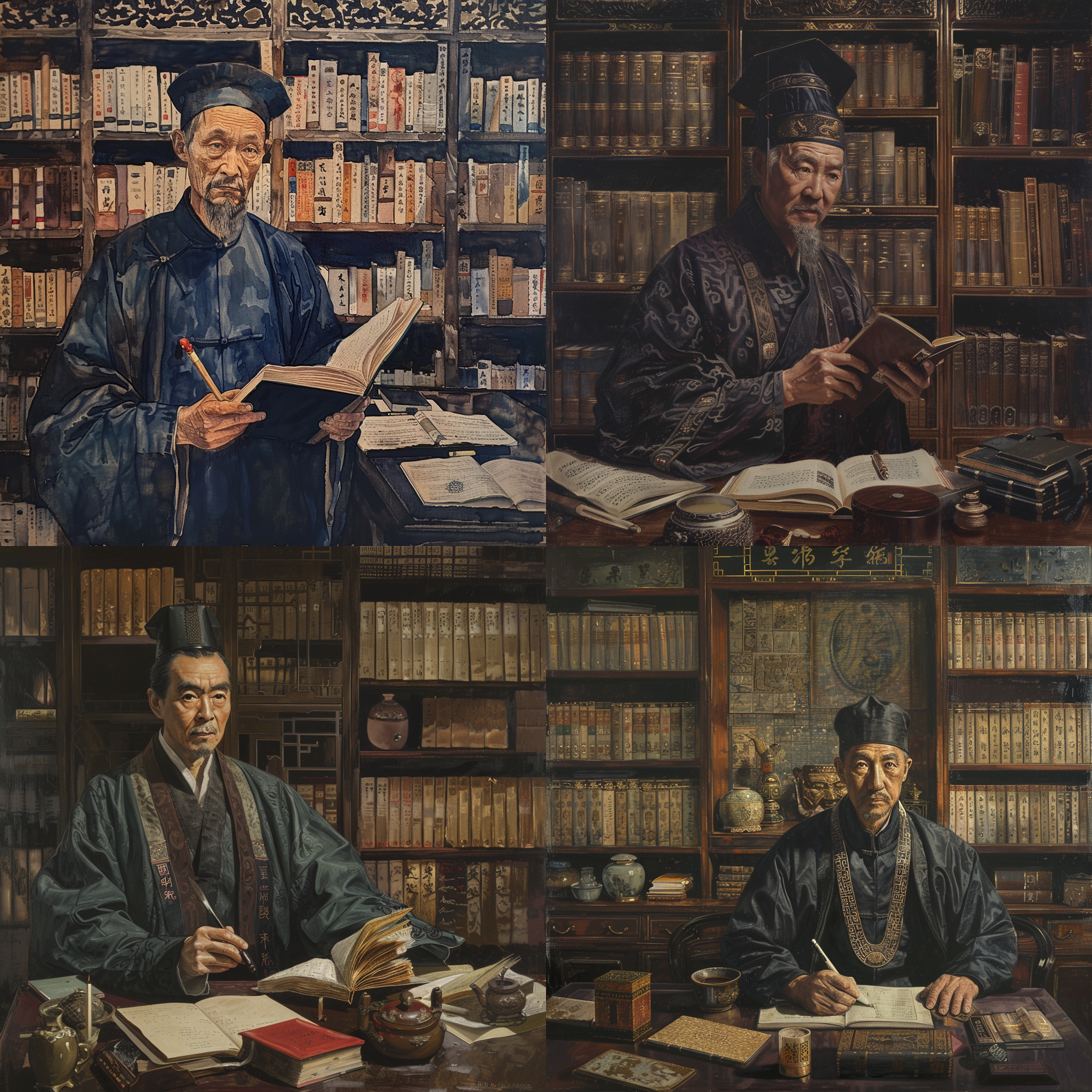 画一幅曾国藩的画像 古代书房作为背景，内有书架、文房四宝（笔、墨、纸、砚）等象征学问与读书的物品。手持或正在阅读一本书 穿着清代官服，头戴官帽，表情应沉稳内敛，目光远望或深思，墙上或书桌上陈设的屏风 8k，细节丰富，高分辨率