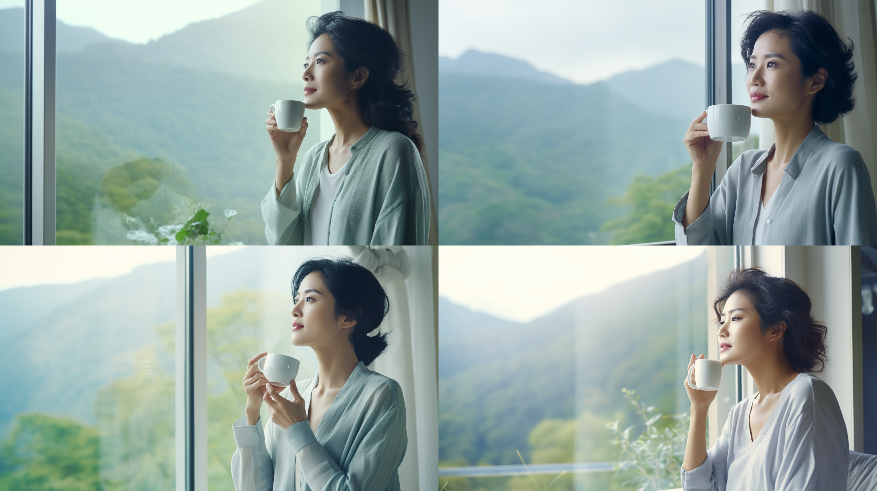 asian middle-aged woman in casual wear, white shirt, chin resting on hand, static, elegant, stylish, blue and white, in the morning mist, using a telephoto lens, calm, melancholic, looking through the window at distant mountains, anti-aliasing, ambient occlusion, drinking tea, over-the-shoulder shot, directed by wong kar-wai,,in clothes