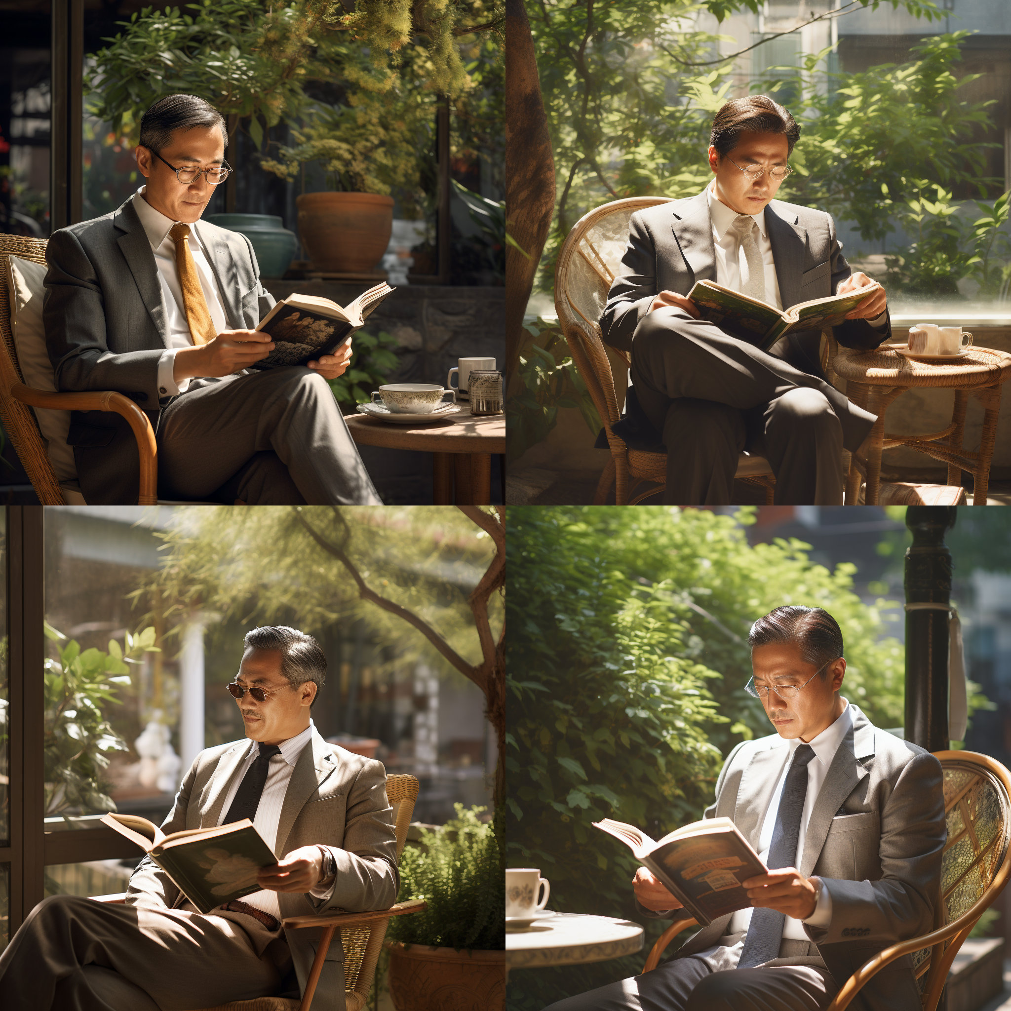 一个50岁有活力的中国男人，风度翩翩，在户外边阅读边喝着咖啡。明亮