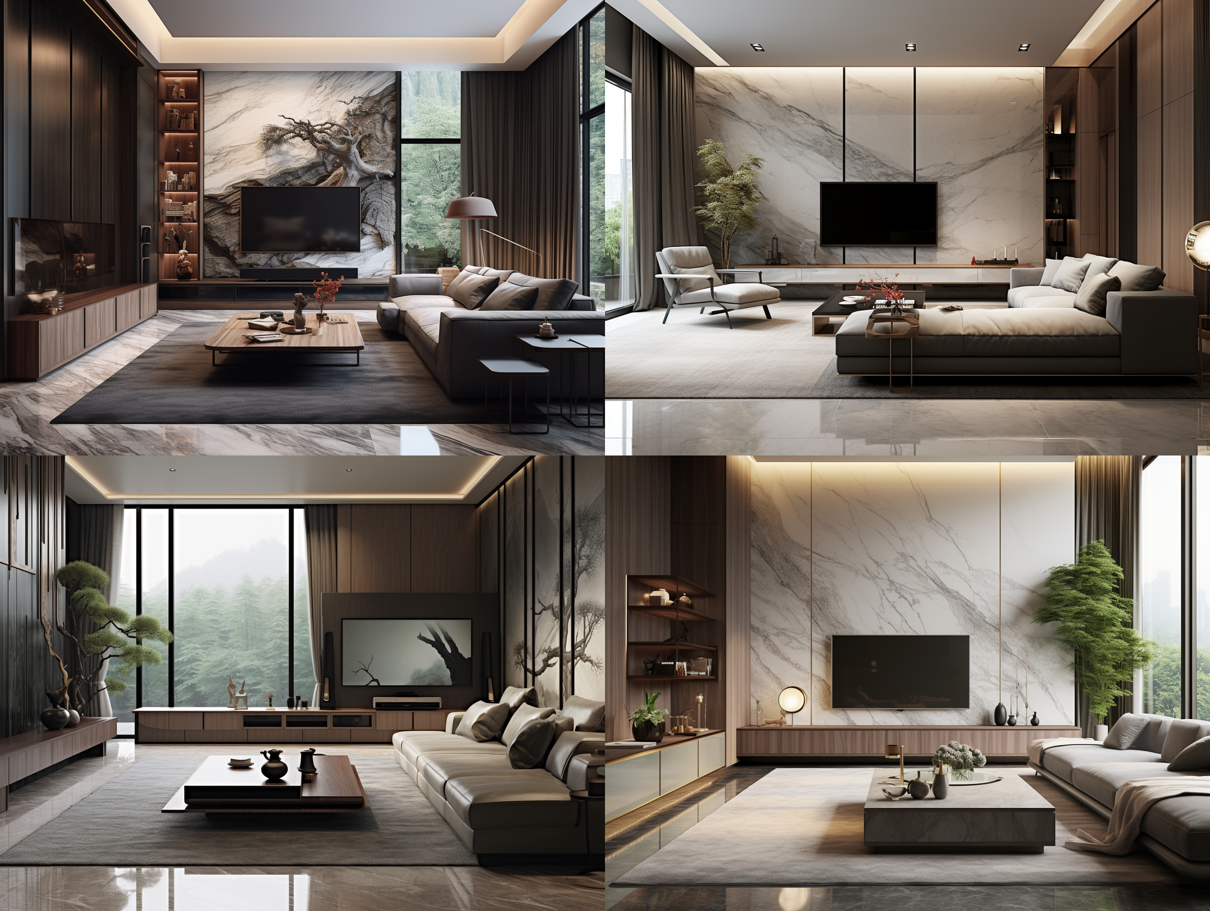 现代中式客厅，现代风格的中式家具，大岩板电视背景墙，灰色的大板地砖， 无主灯设计