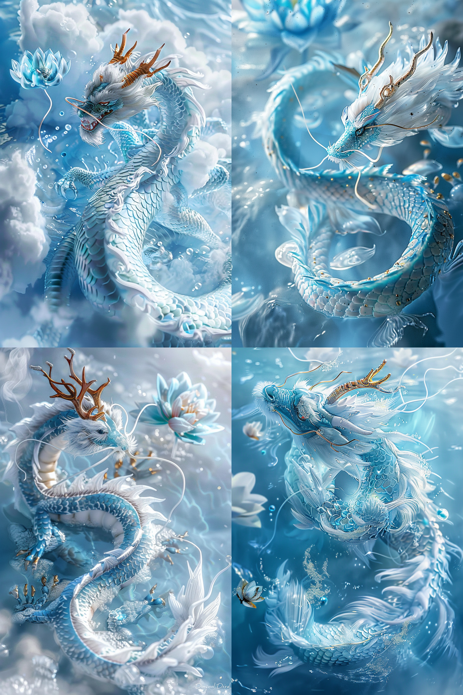 超现实主义摄影，顶景，东方神话，冻结，在波光粼粼的蓝水中盘旋着一条冰蓝色的中国龙，它的长睫毛和金色的龙角，闪闪发光的龙鳞，蓬松的质地，令人难以置信的清澈的海水，被白雾包围，巨大的，蓝色的冰制成的莲花漂浮在水面上，金箔，完美的曲线，阳光，蓝色眩光，sac，自然，真实，高细节，干净，简单，最好的画质，在浅海，大卫·诺达尔，自然主义美学。快门速度快，14mm镜头，完美构图，8k高清