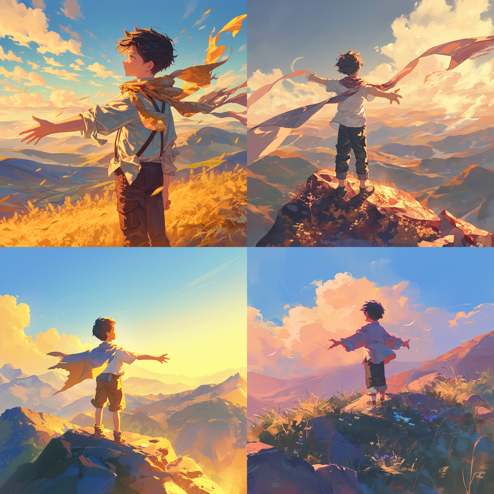 中国男孩，站山顶双手张开，看向远方，一望无际，风景壮丽，自然光，肖像模式，风吹动衣服，平衡构图，暖色调，宁静，感激。