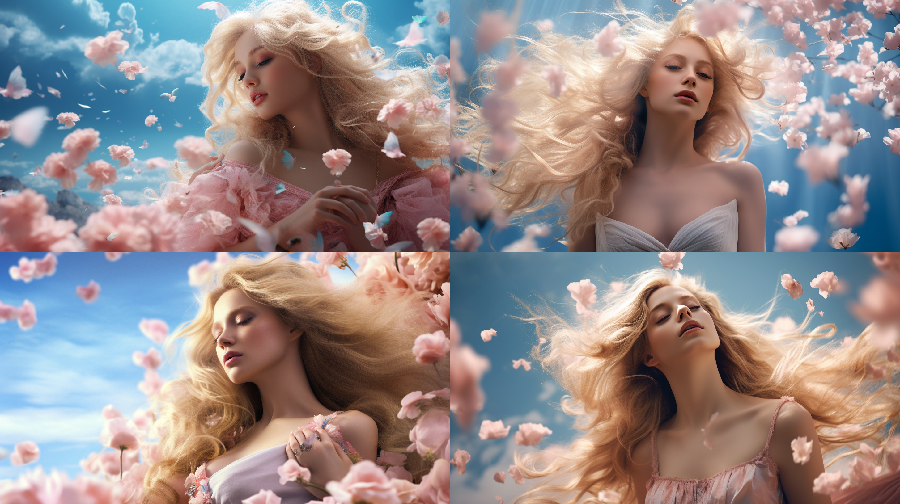 梦幻中的缪斯女神，一位金发女神，有着一头大波浪长发到脚，粉色的花瓣跟半透明的泡沫，蓝天，蓝粉色调，氛围感，超高清画面，通透感，人像特写，发光线条，细腻的皮肤，