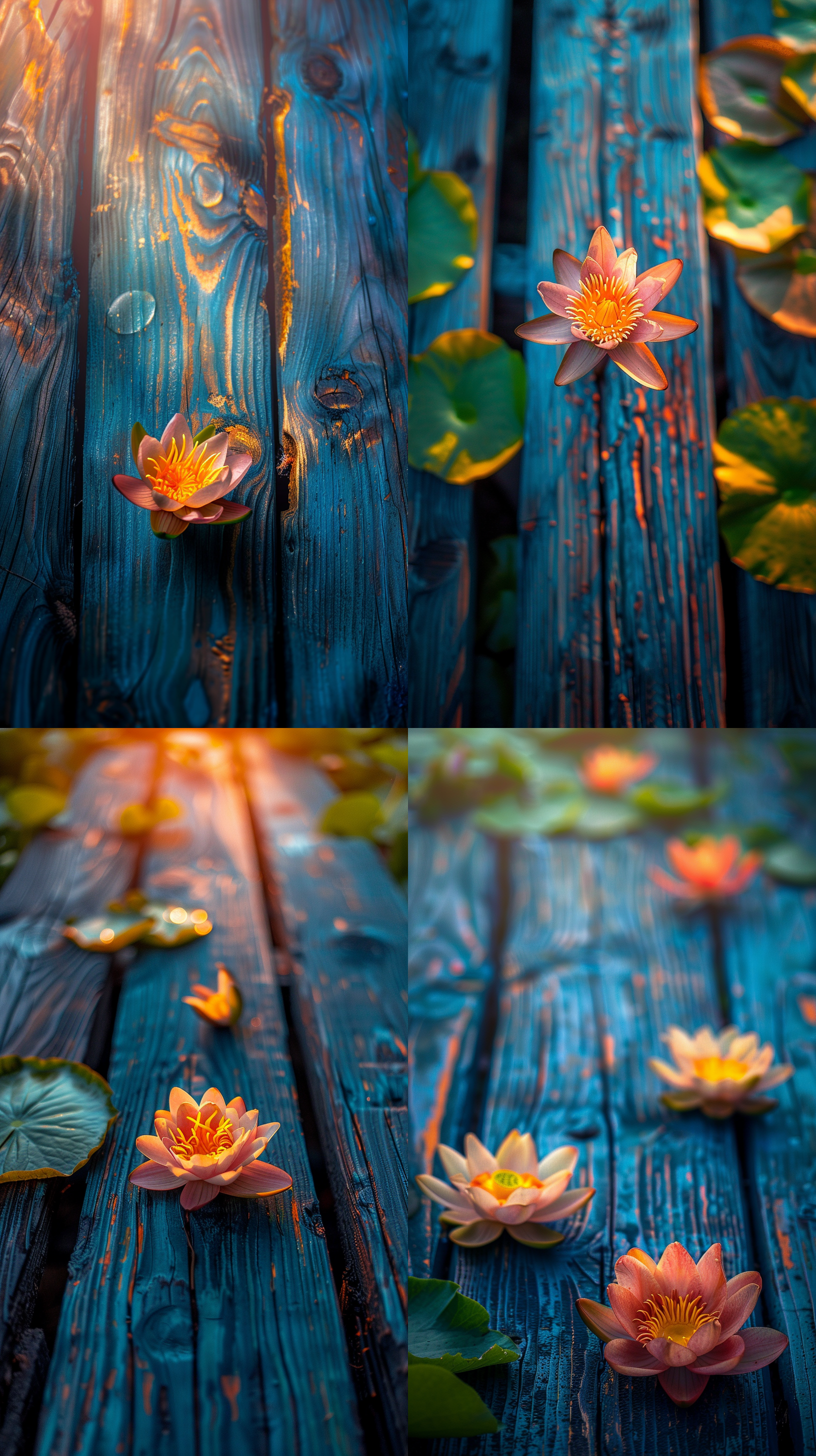 蓝色木纹板的缝隙里，钻出来一株莲花，盛开着金黄色的花朵，清晰纹理，透视感，艺术风格，细节突出，明亮光线，无人物，静态。