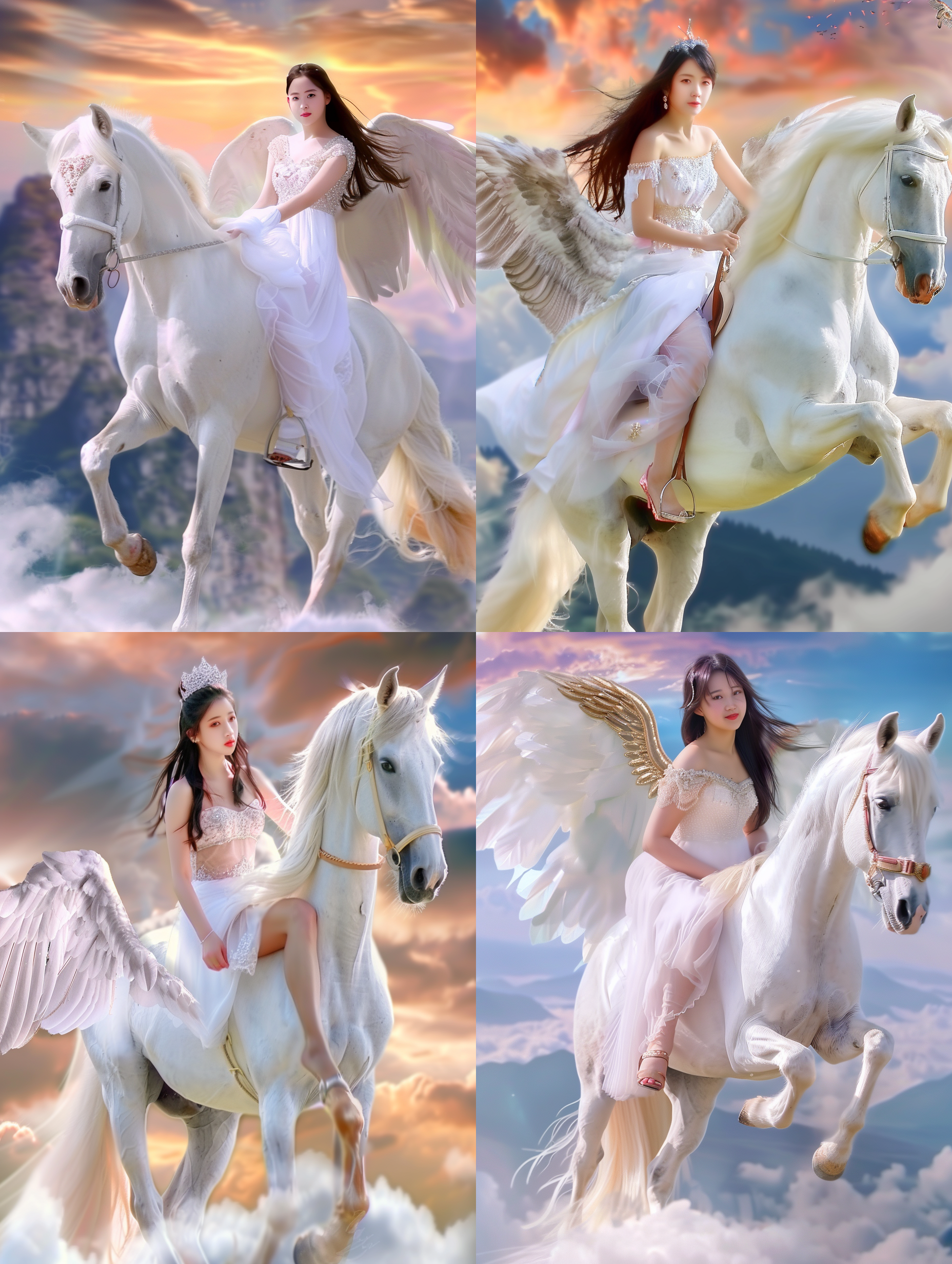 photography,(beautiful and stylish girl riding a giant pegasus),pegasus beautiful plump wings,(above the cloud), masterpiece), best quality, masterpiece, highres, full-body,feed,leg,perfect lighting