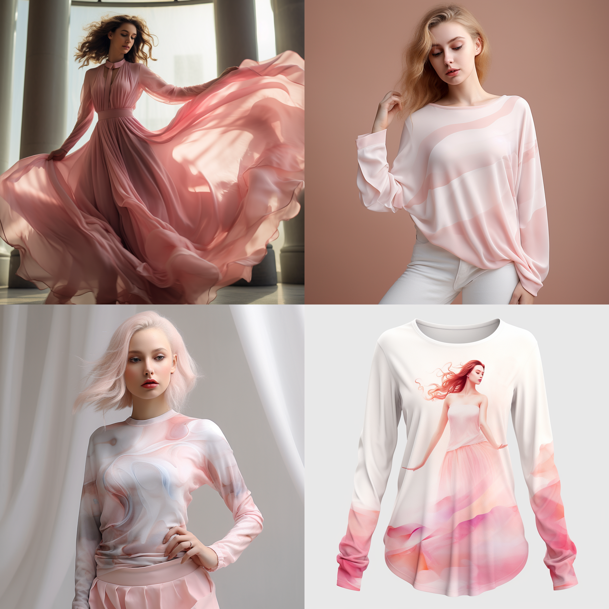 长袖衣服设计，轻薄飘逸，柔顺丝滑，长款衣袖，清新色调，宽幅镜头，室内拍摄，侧面光，优雅动作，时尚元素，粉色调，优雅。