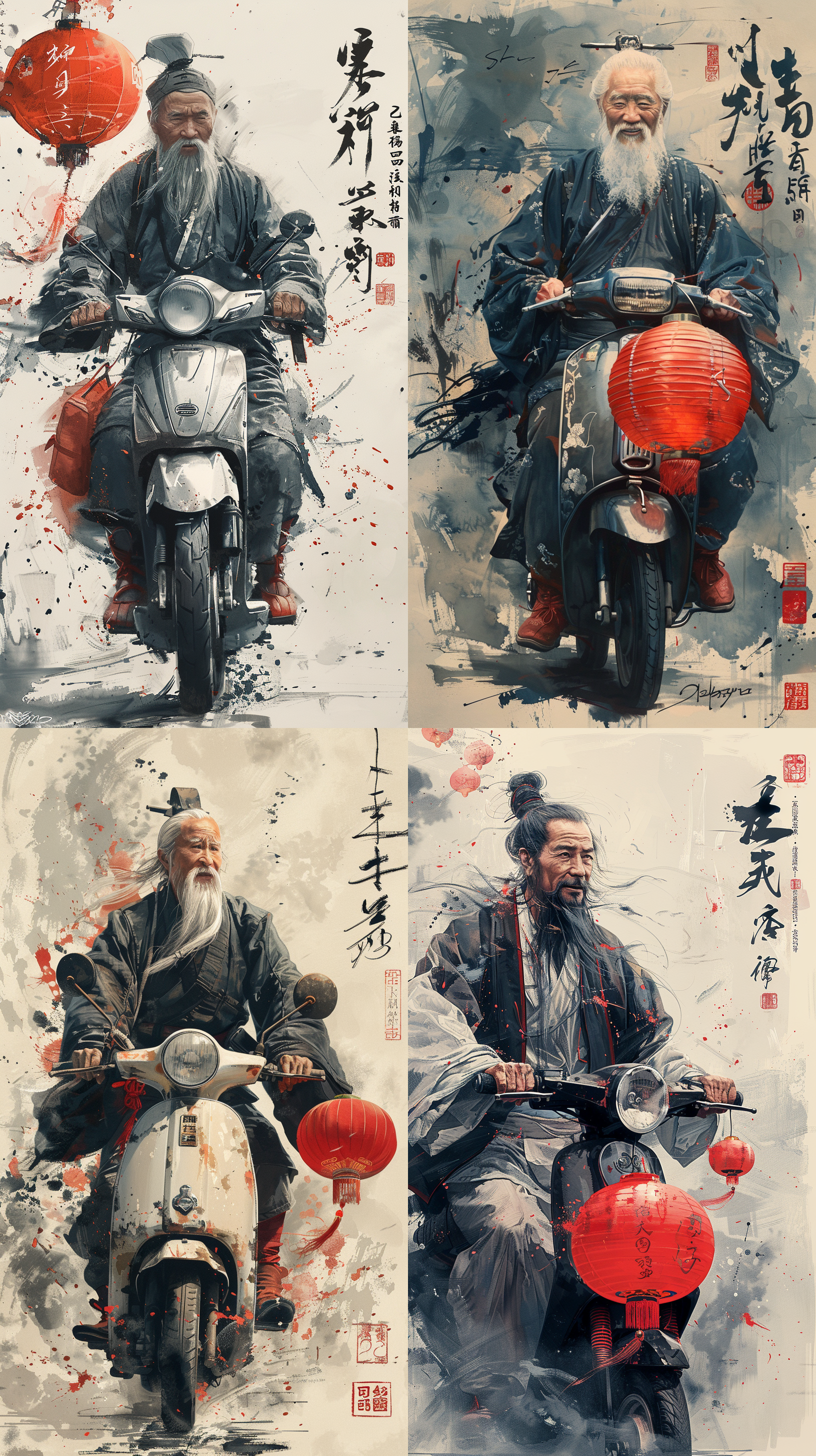 a chinese ink painting, an ancient general riding an electric scooter, wearing black and white pajamas, wearing red boots, holding a red lantern in his hand, and a smiling expression. on a simple background, he has high definition. as a full-body portrait, there is a white space around the head of the character, which has the style of an ancient chinese artist. don't have any words and numbers on the screen.