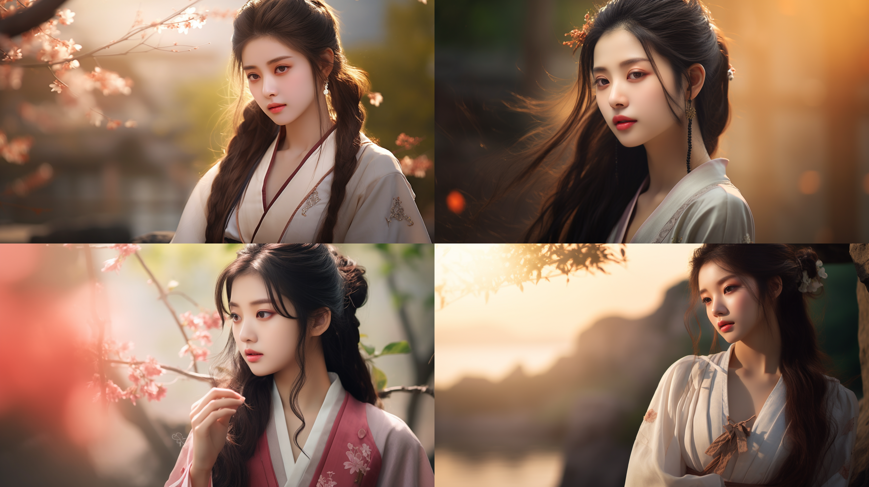 汉服美女，长焦特写，山水背景，写意风格，静谧，优雅，寂寥，高饱和度，柔和光线。