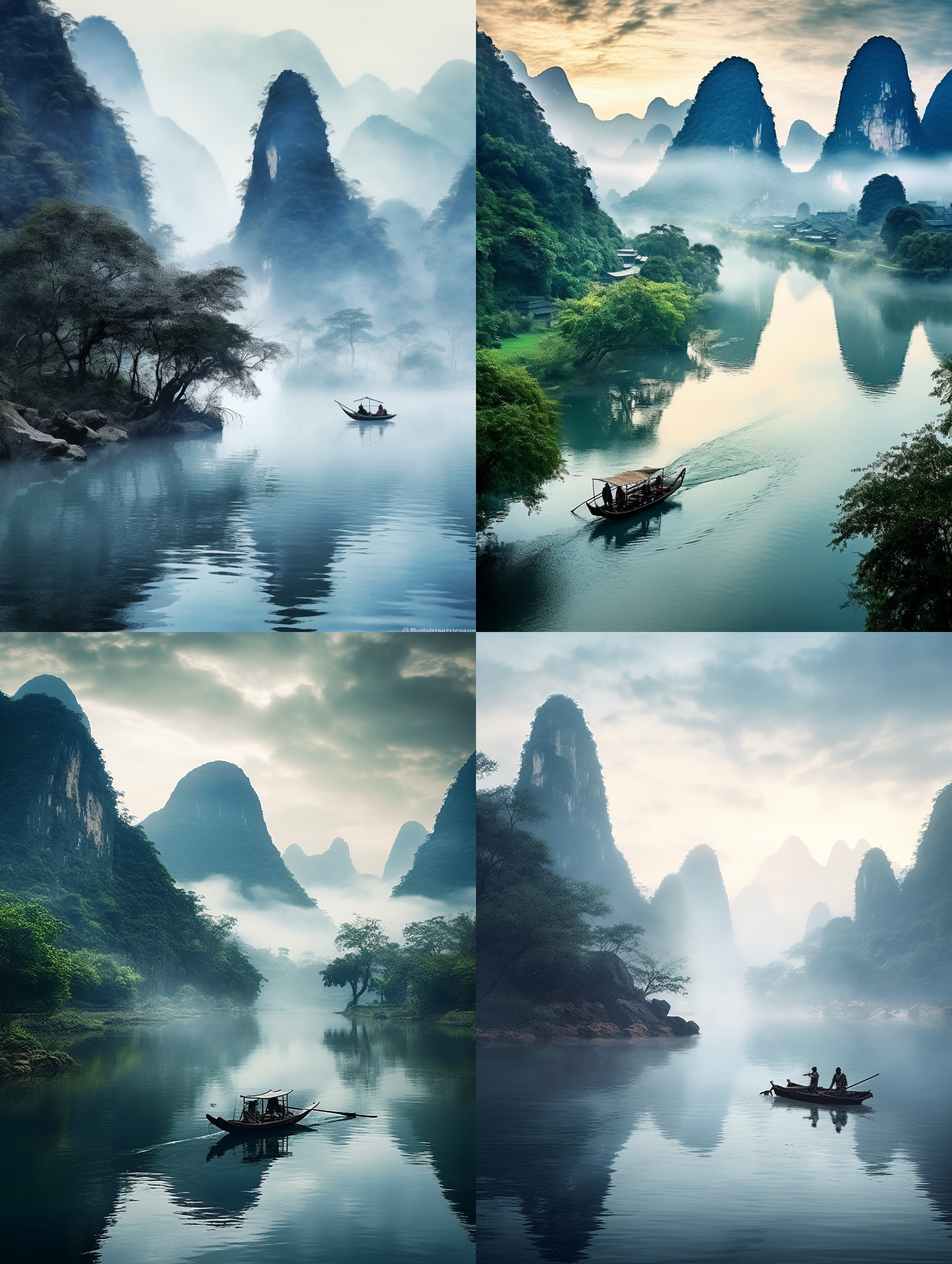 generate a photography photo with the guilin landscape as the theme, where the mountains are faintly visible in the fog and there is a boat on the river. there is an artistic conception similar to chinese ink painting. realistic, extremely exquisite and beautiful photos, super high resolution, large file scenery