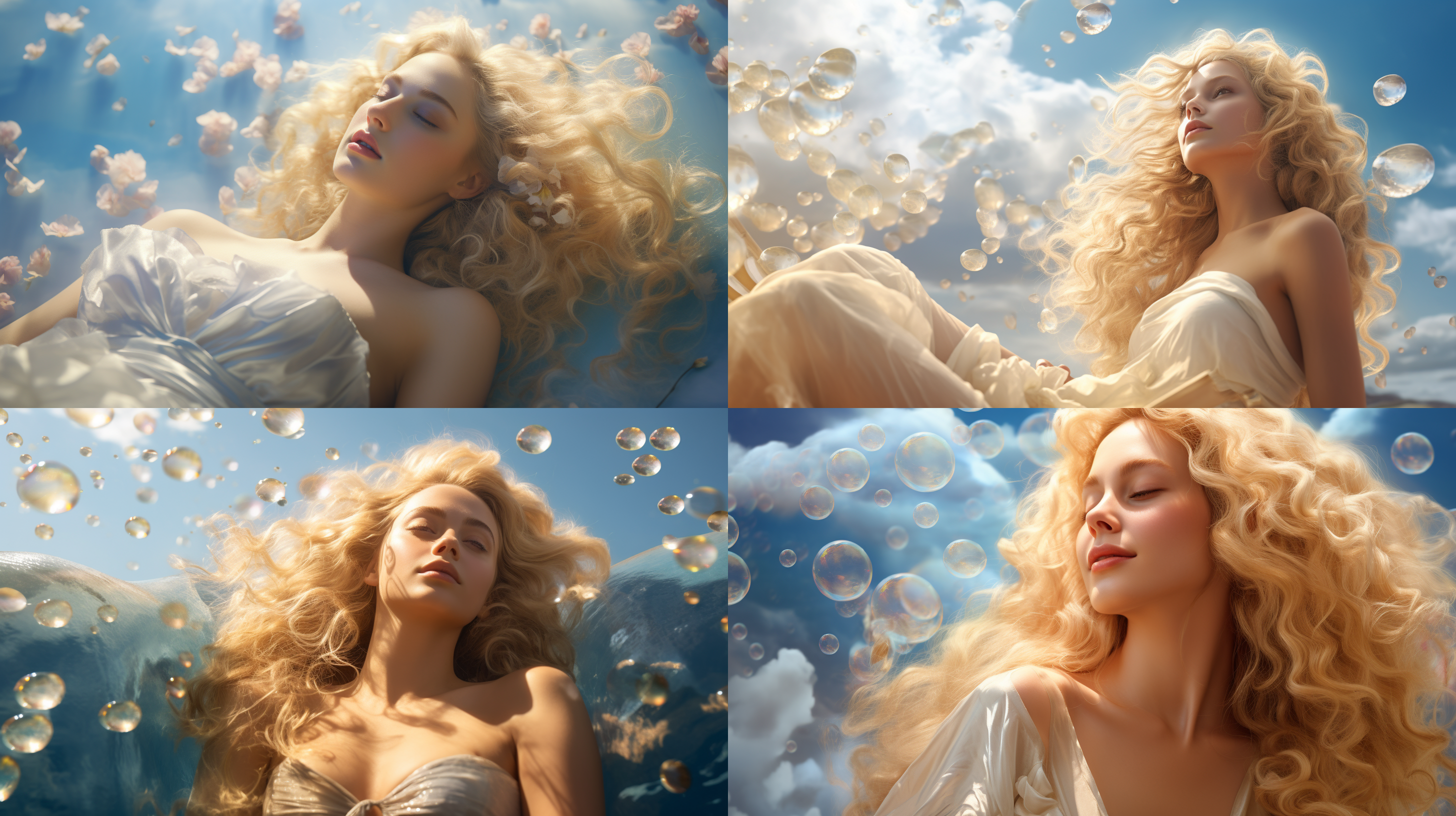 梦幻中的缪斯女神，一位金发女神，有着一头大波浪长发到脚，花瓣跟泡沫，蓝天，氛围感，超高清画面，通透感，人像特写，发光线条，细腻的皮肤，