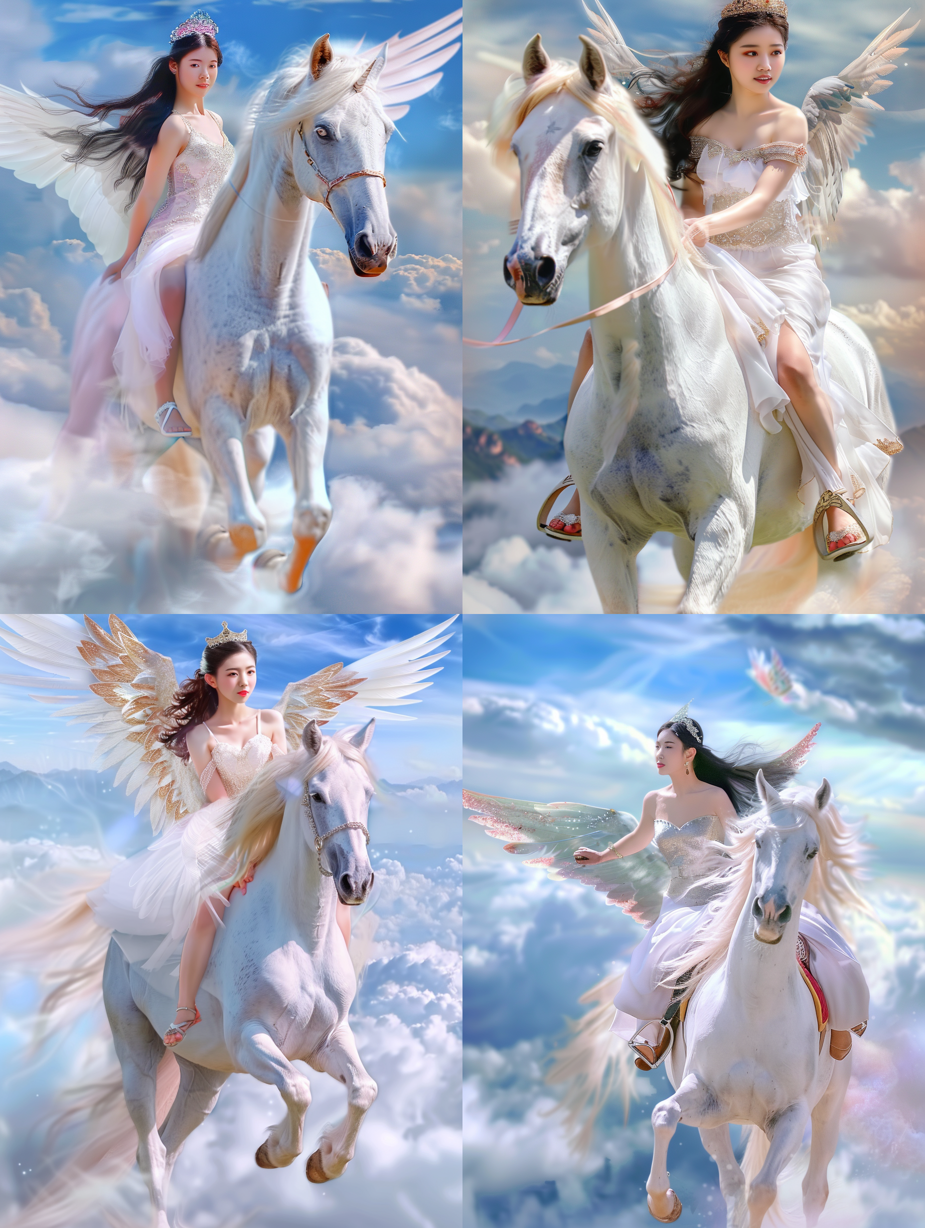 时尚美女骑着巨大的天马，背景是云端，翅膀丰满美丽，全身特写，完美光影，高清，杰作，极佳画质，特写，动态，优雅。