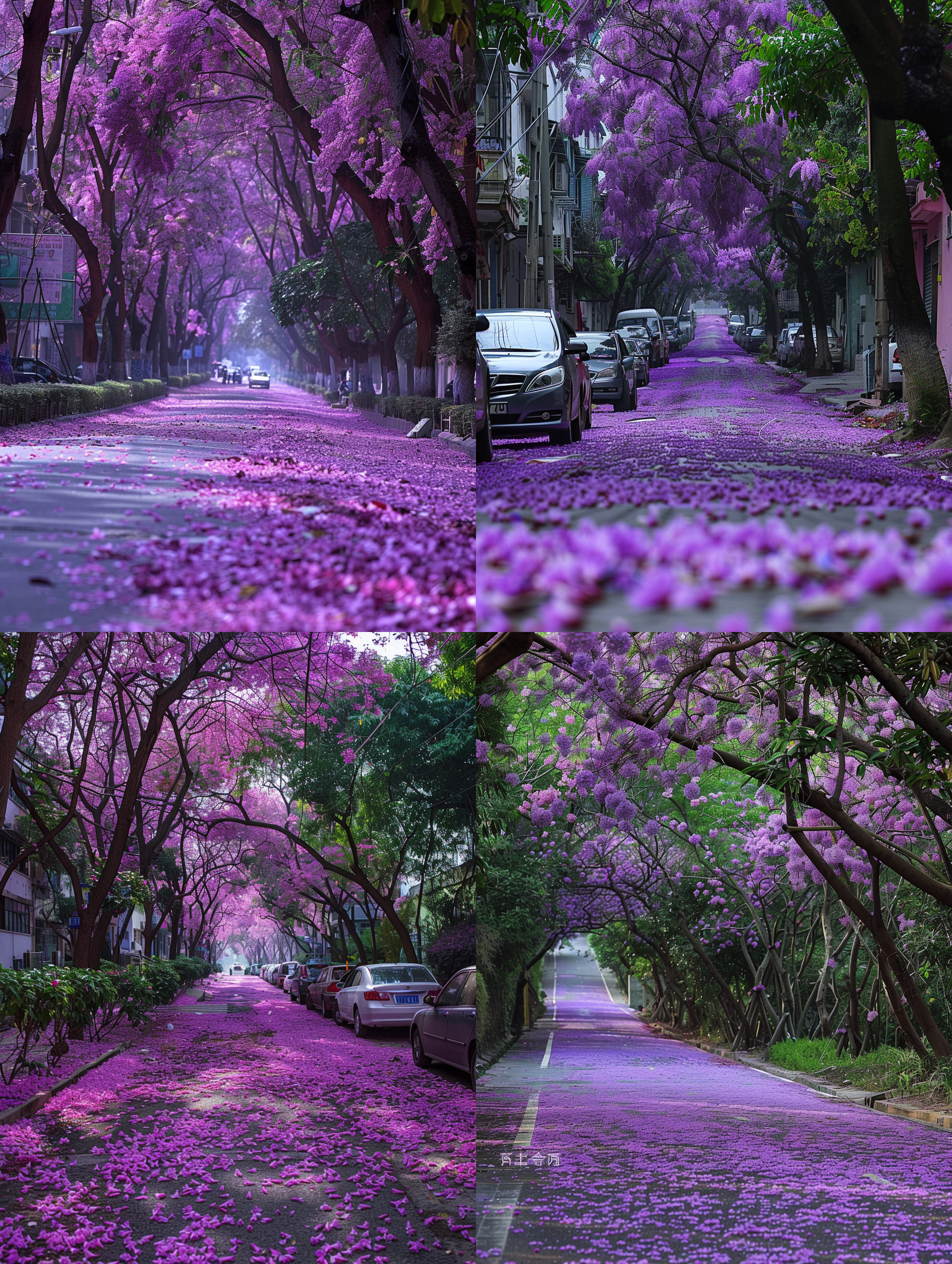 紫荆花盛开，柳州街道，大片花海，地上车身落满粉紫色花瓣，