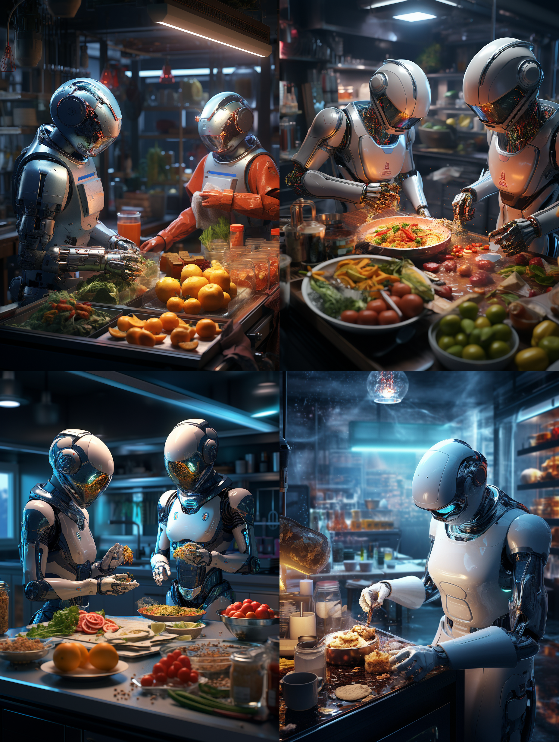 未来机器人烹饪，厨房场景，全身机器人，科技感，画面亮丽，广角镜头，高清细节，智能家居，炊具摆放，led灯光，未来主题色调。