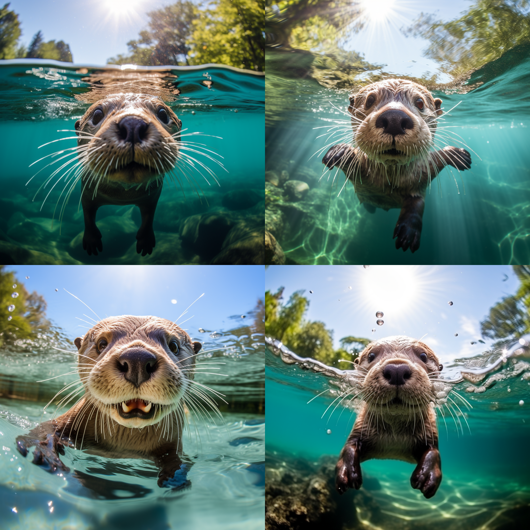 水豚在清澈湖水中游泳，阳光照射在它可爱的脸上，周围是青翠的树木和蓝天白云。温暖色调，中焦镜头，自然光，慢门速度，游动，治愈。
