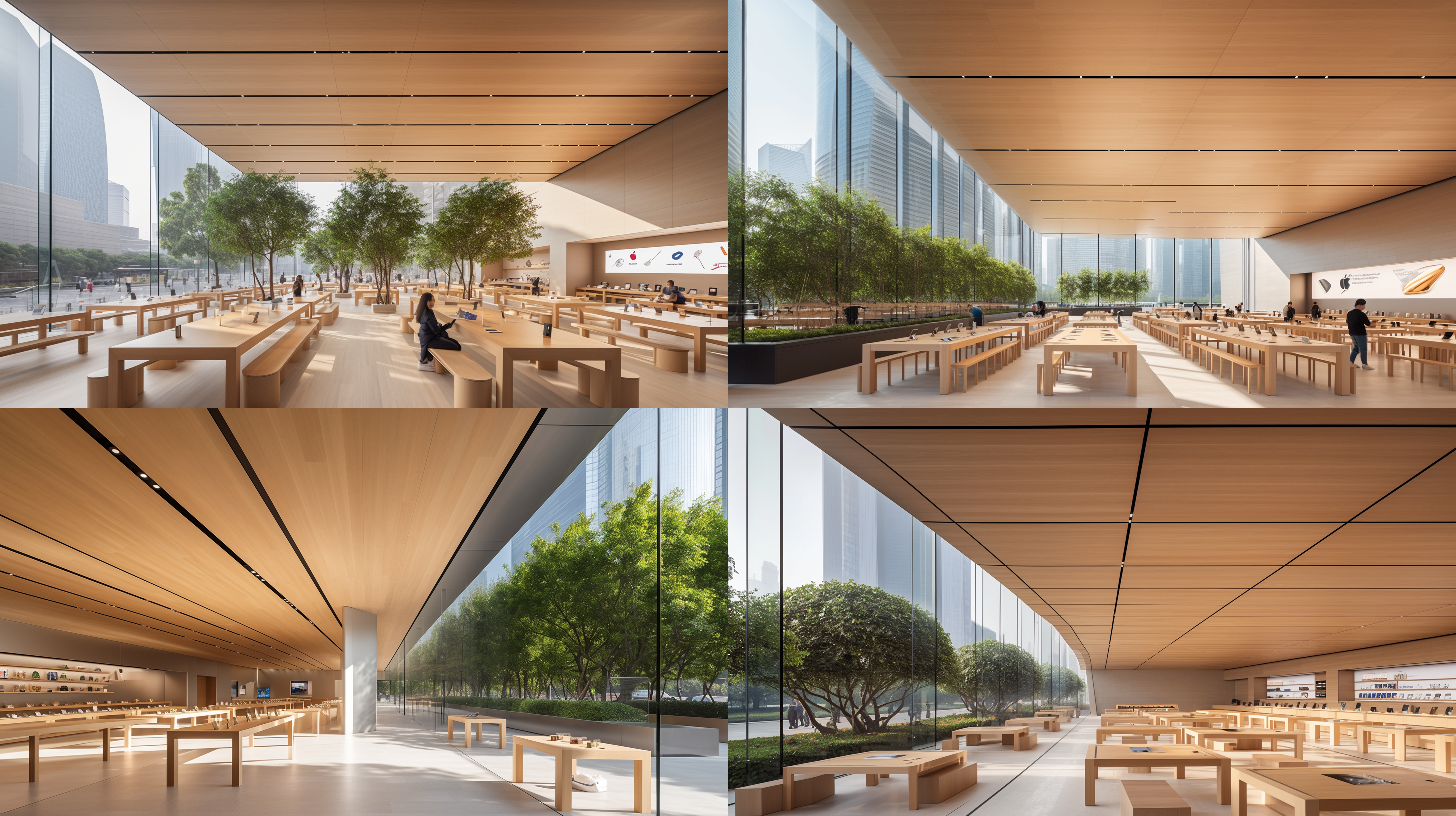 苹果旗舰店，现代建筑风格，foster + partners设计，上海静安寺附近，木质温润，光影交错，高规格，宽广透视，明亮，室内景观，环保材料，明亮色调，空间感。