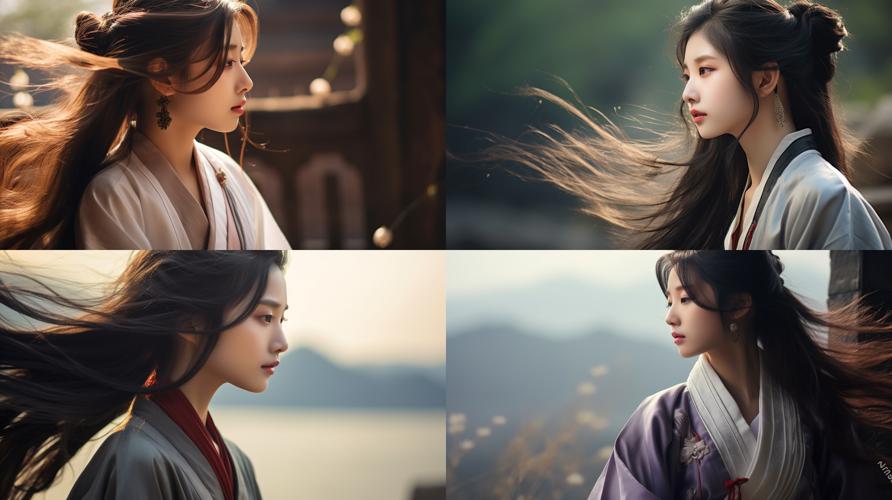 悲凉汉服美女，后侧影，长发飘逸，长焦特写，山水背景，写意风格，静谧，优雅，寂寥，高饱和度，柔和光线。