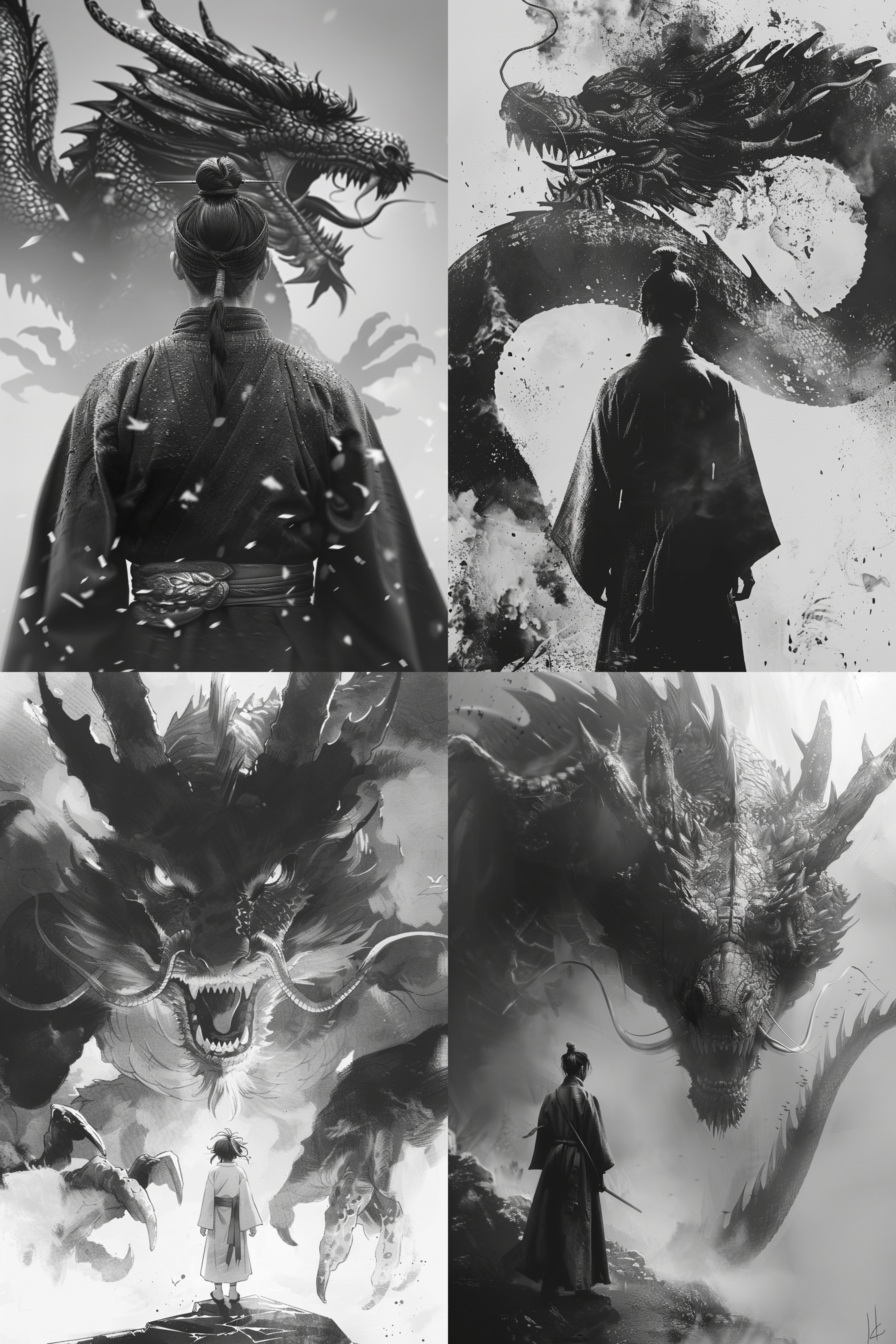 ananmo, dragon, sharp teeth, eastern dragon, 1boy, single hair bun, teeth, standing, monster, solo, horns, male focus, hair bun, monochrome, robe, from behind, size difference, open mouth, claws, spot color