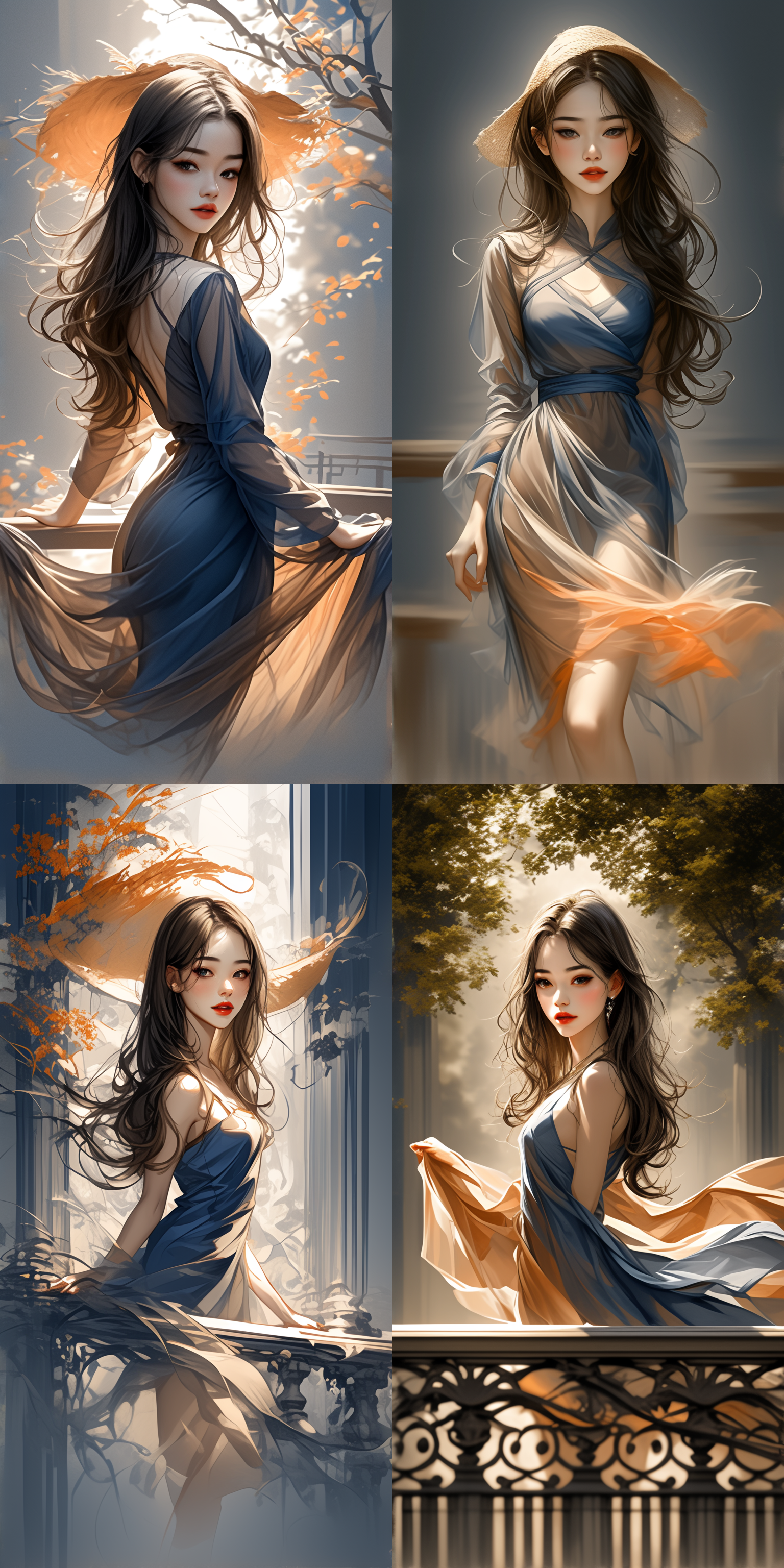 亚洲女性穿蓝色连衣裙，搭配小草和帽子，优雅走在洛可可风格的天桥上，全身照，柔和光线，对称构图，浪漫色调，长焦镜头，优雅动作，自信微笑。